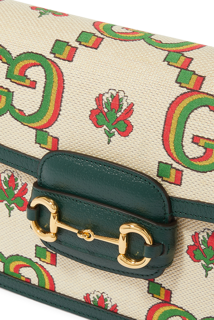 Gucci Small 100 Horsebit 1955 Bag in Beige and Green Jacquard
