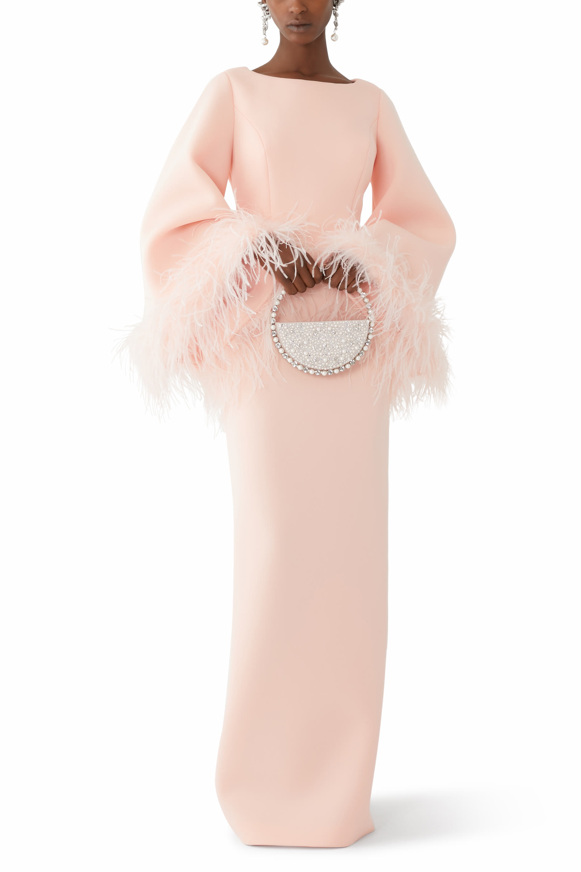 Feather Trim Bell Sleeve Evening Gown