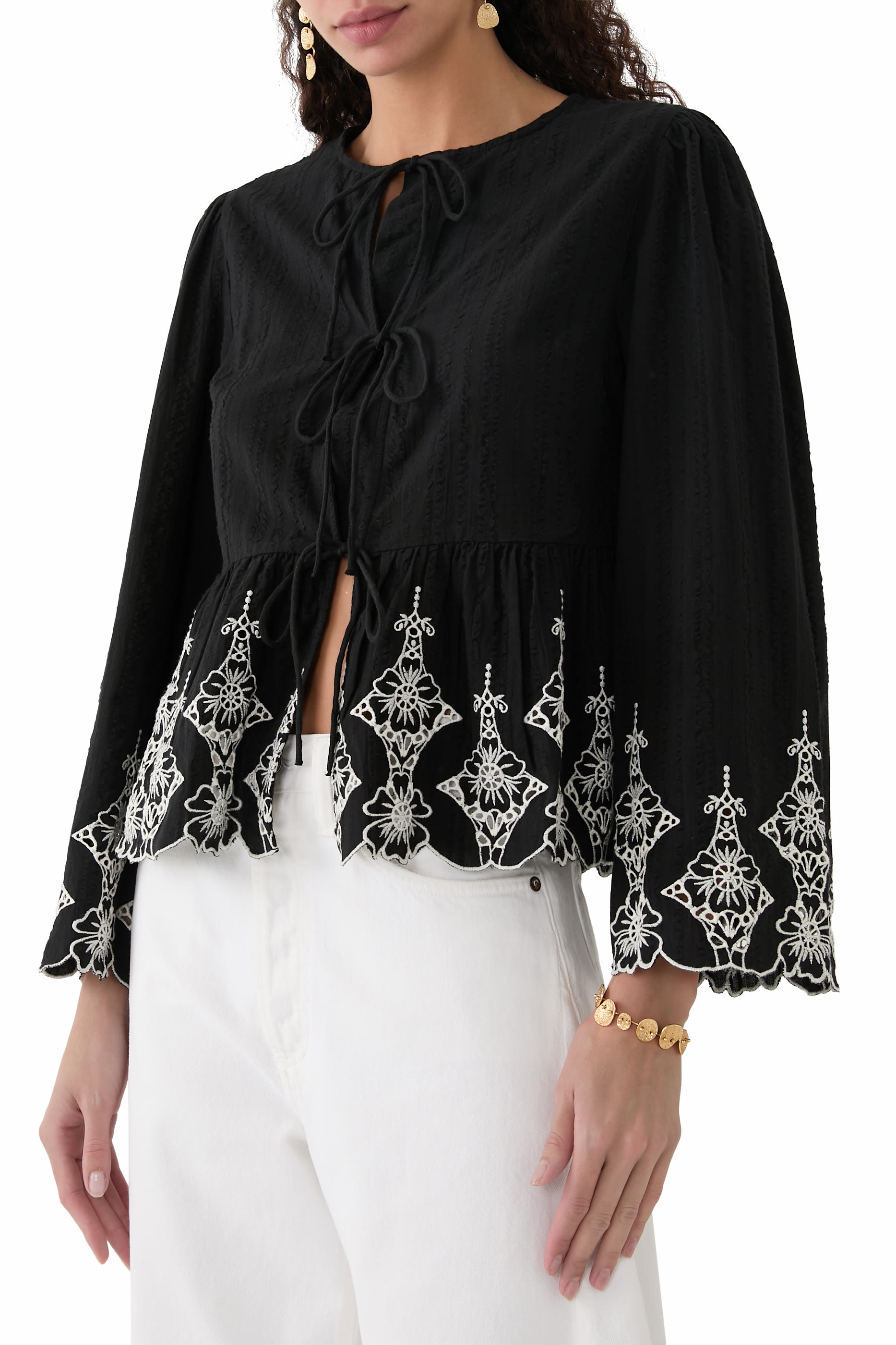 Tie Front Embroidered Blouse