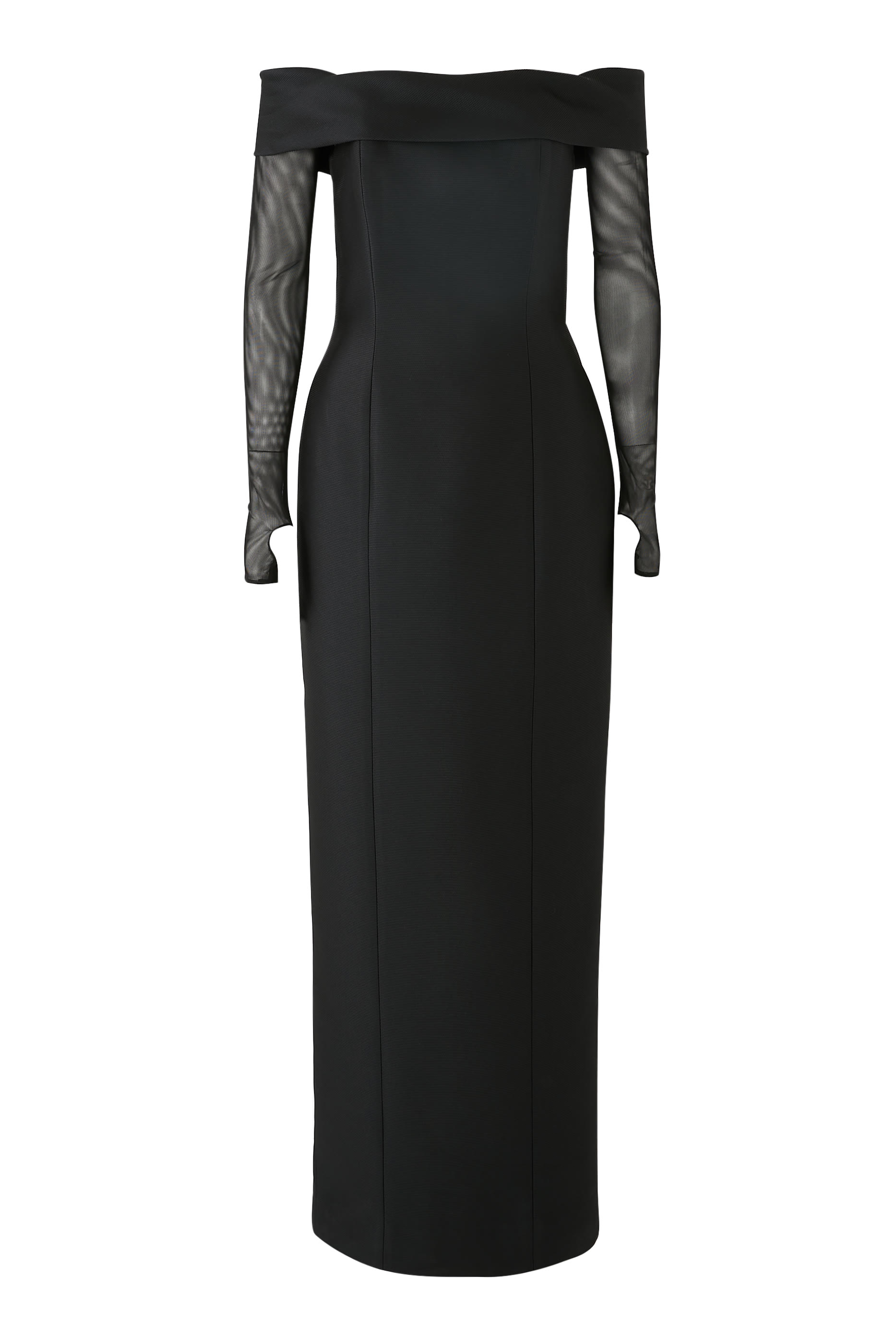 Off Shoulder Mikado Pique Gown with Tulle Sleeves