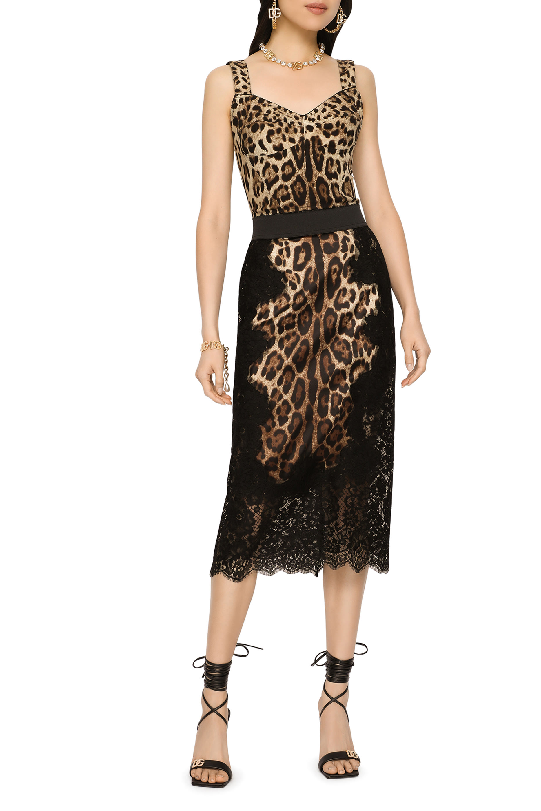 Leopard-Print Satin Midi Skirt with Lace Inserts