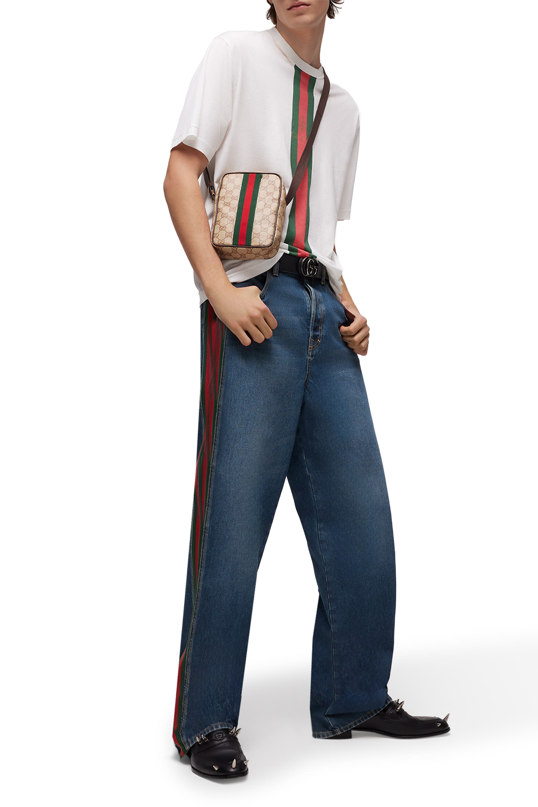 Cotton Denim Pants With Web Insert