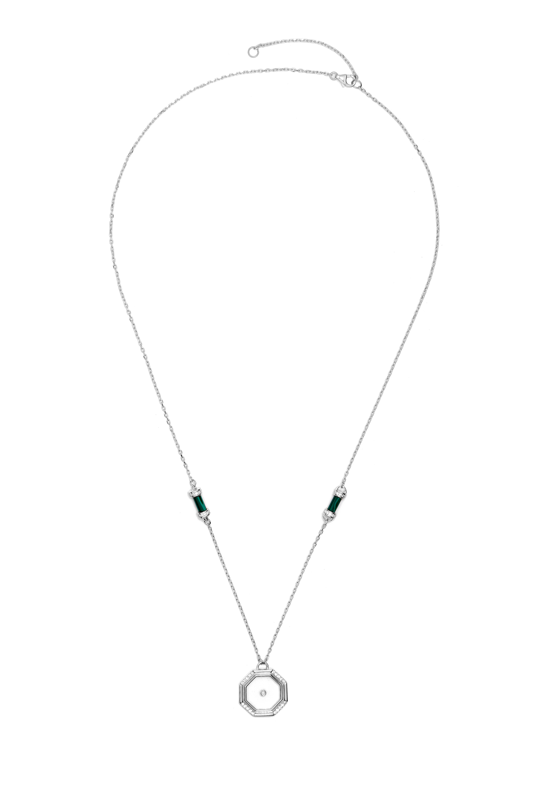 Mini Hexagon Amulet of Light Pillar Necklace, 18k White Gold with Malachite, Transparent de Roche & Diamonds