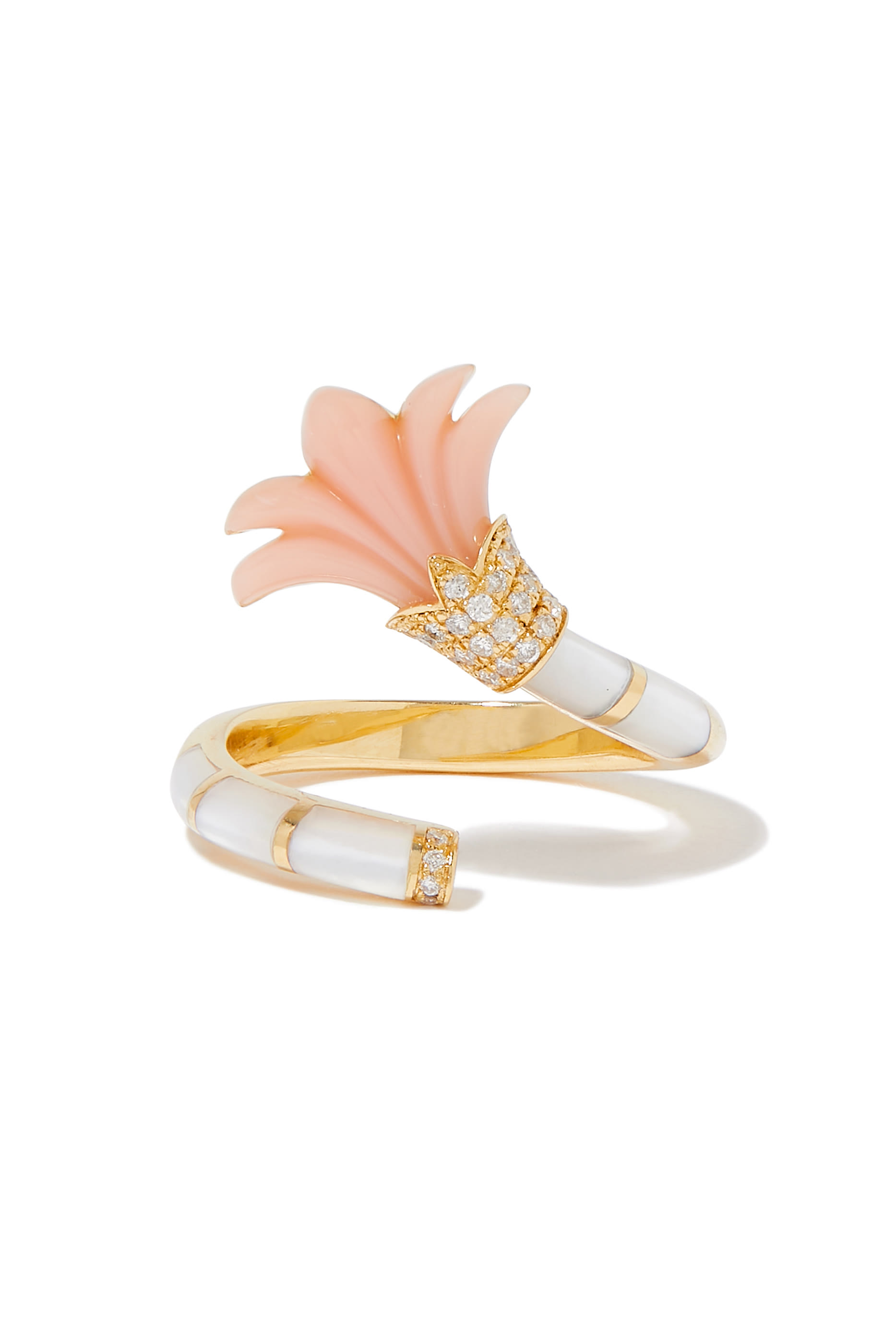 Psychedelia On A Vine Pinky Ring, 18k Yellow Gold with Pink Coral, Mother of Pearl and Diamonds