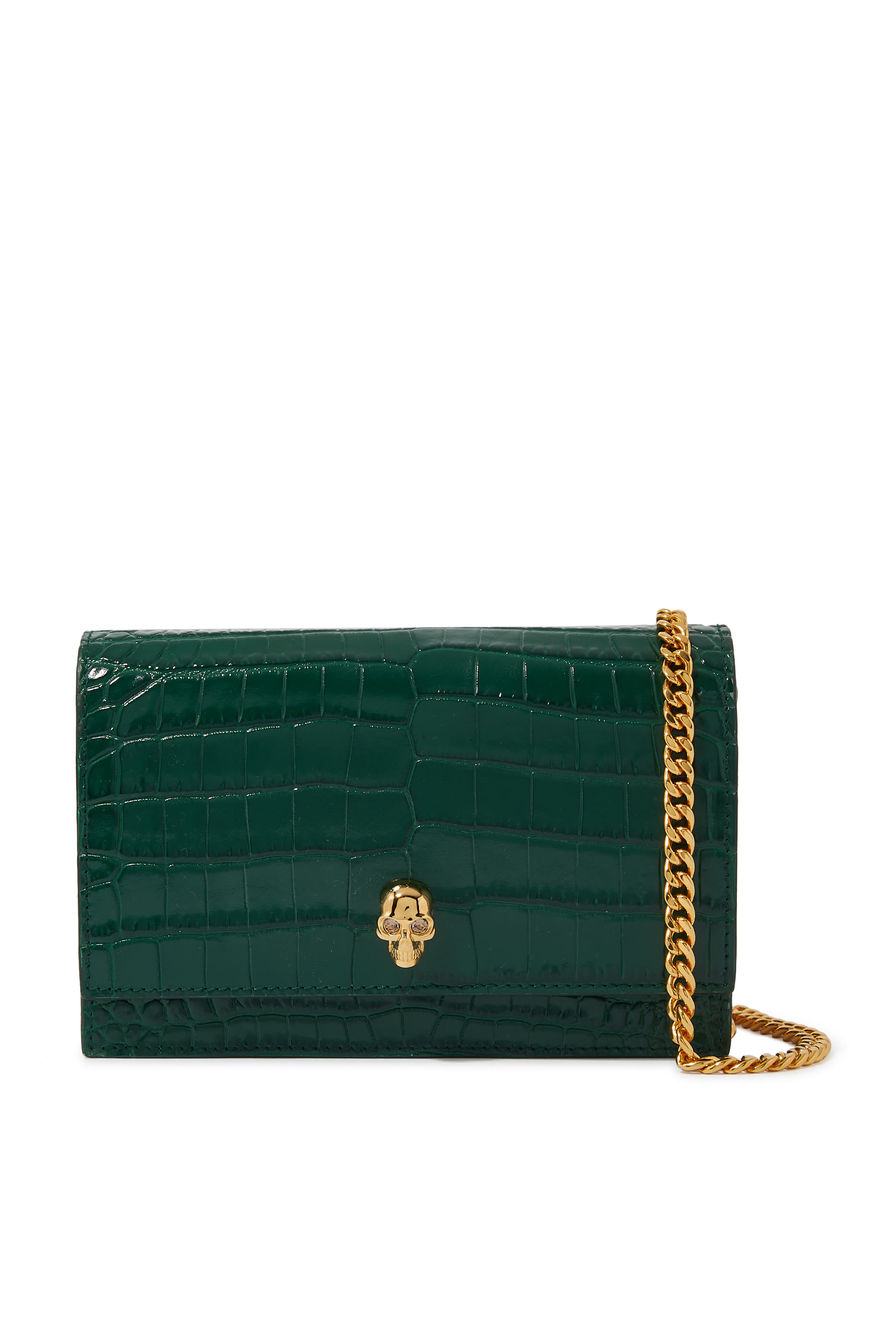 Small Skull Metallic Croc-Embossed Bag