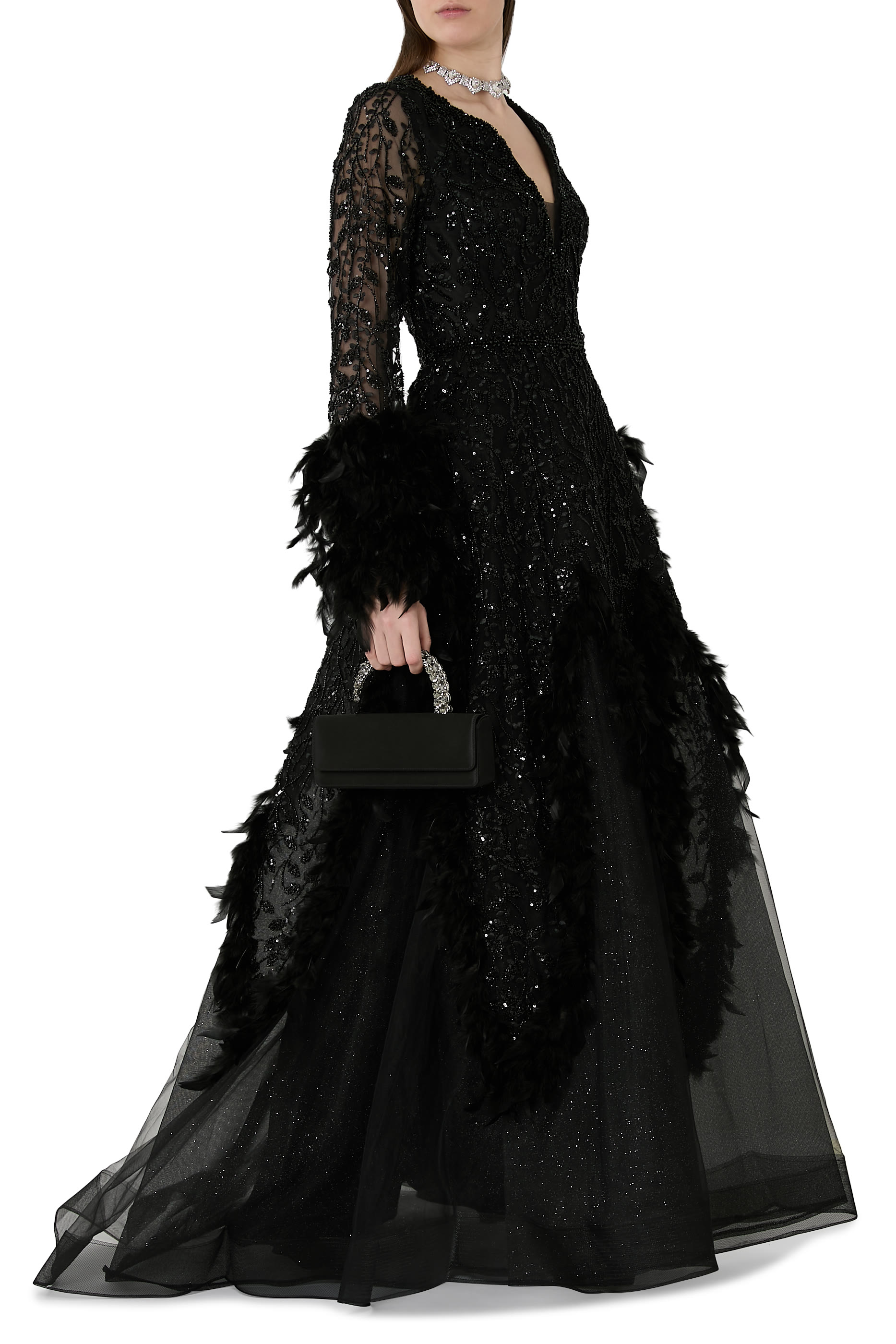  Beaded Long Sleeve Gown