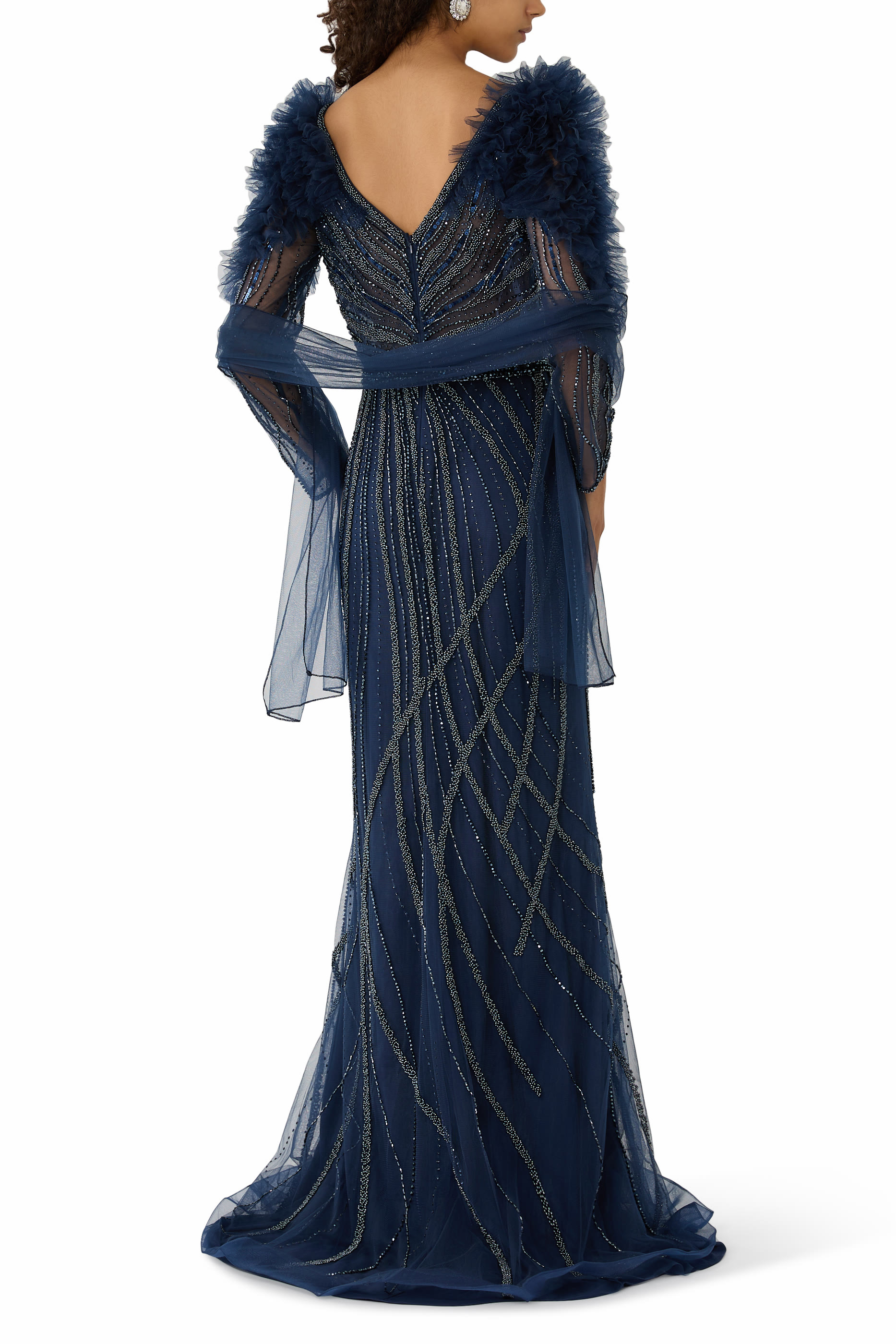 Luxurious Sequined Evening Gown with Sheer Sleeves