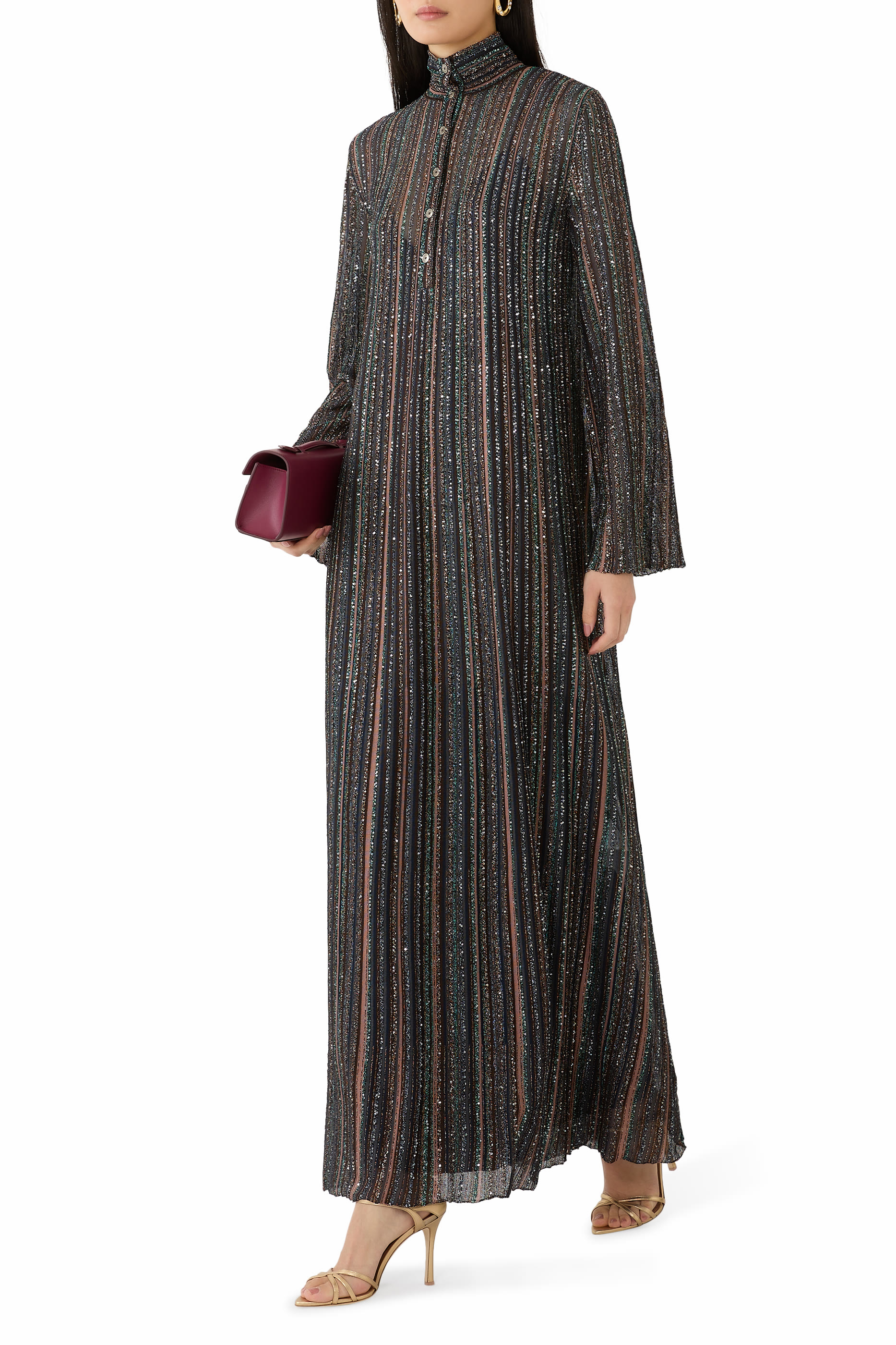 Ribbed Viscose Lam&eacute; Kaftan With Wide Sleeves