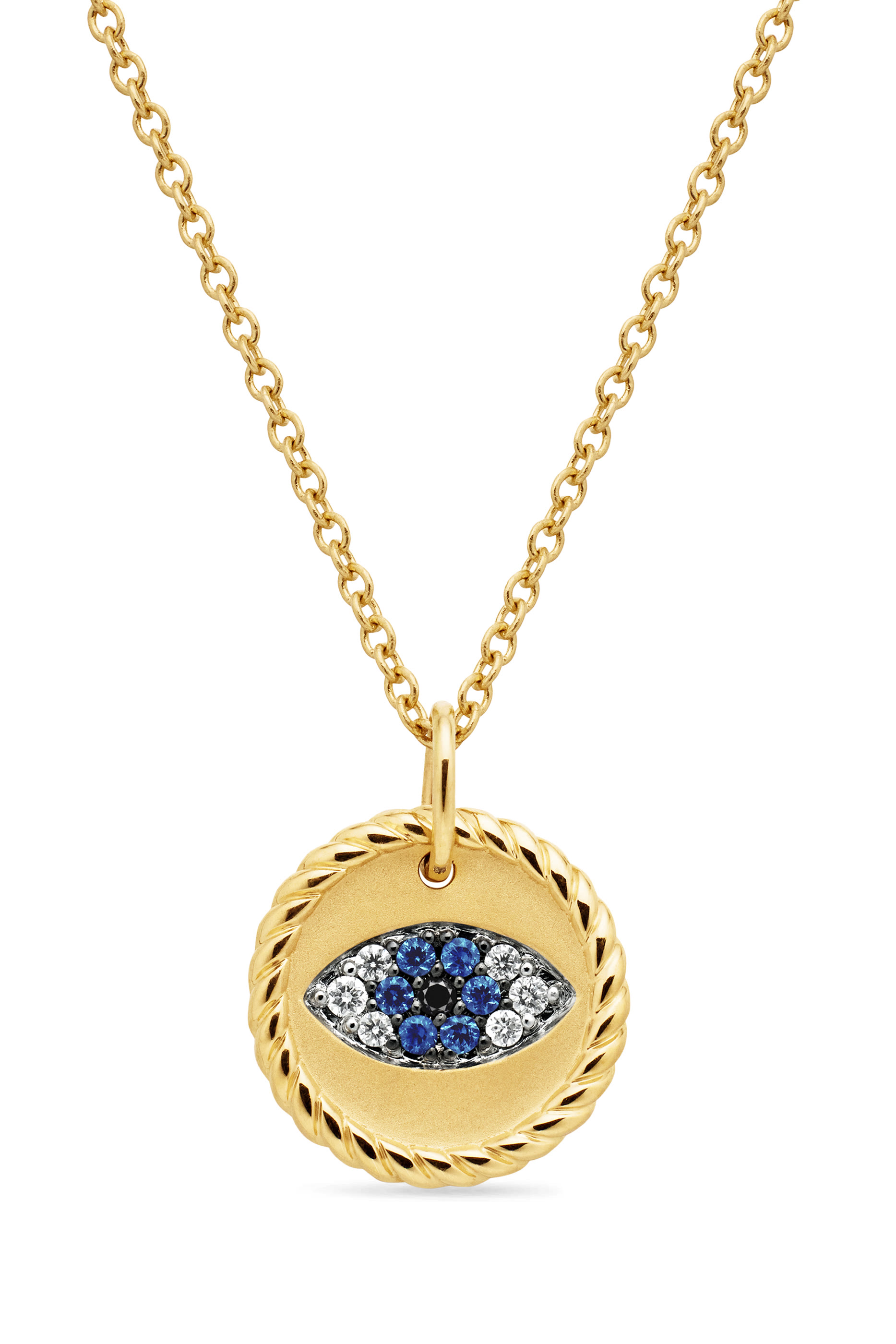 Cable Collectibles® Evil Eye Necklace, 18K Yellow Gold, Blue Sapphires, Diamonds, & Black Diamonds