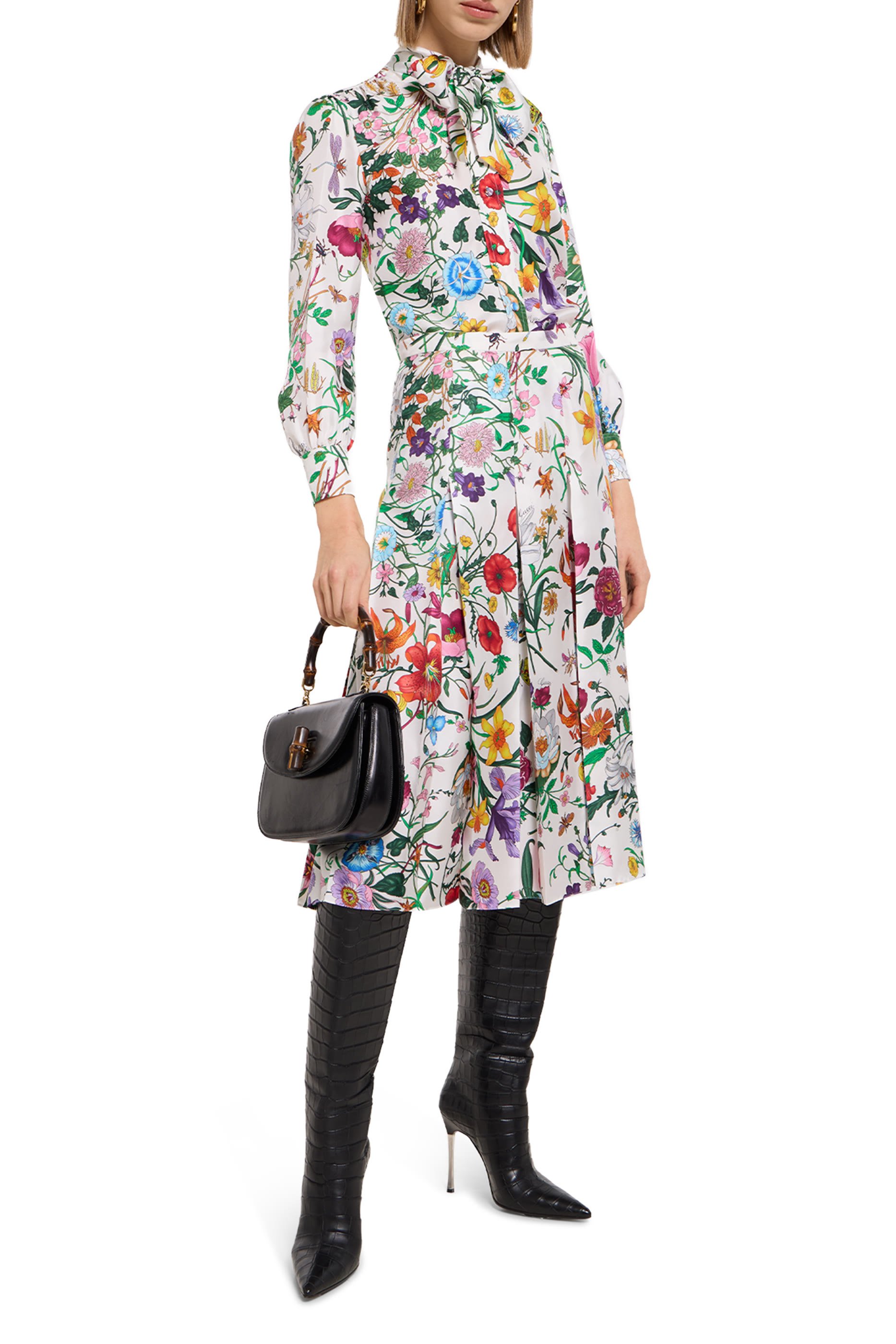 Printed Silk Twill Shirt with Bow