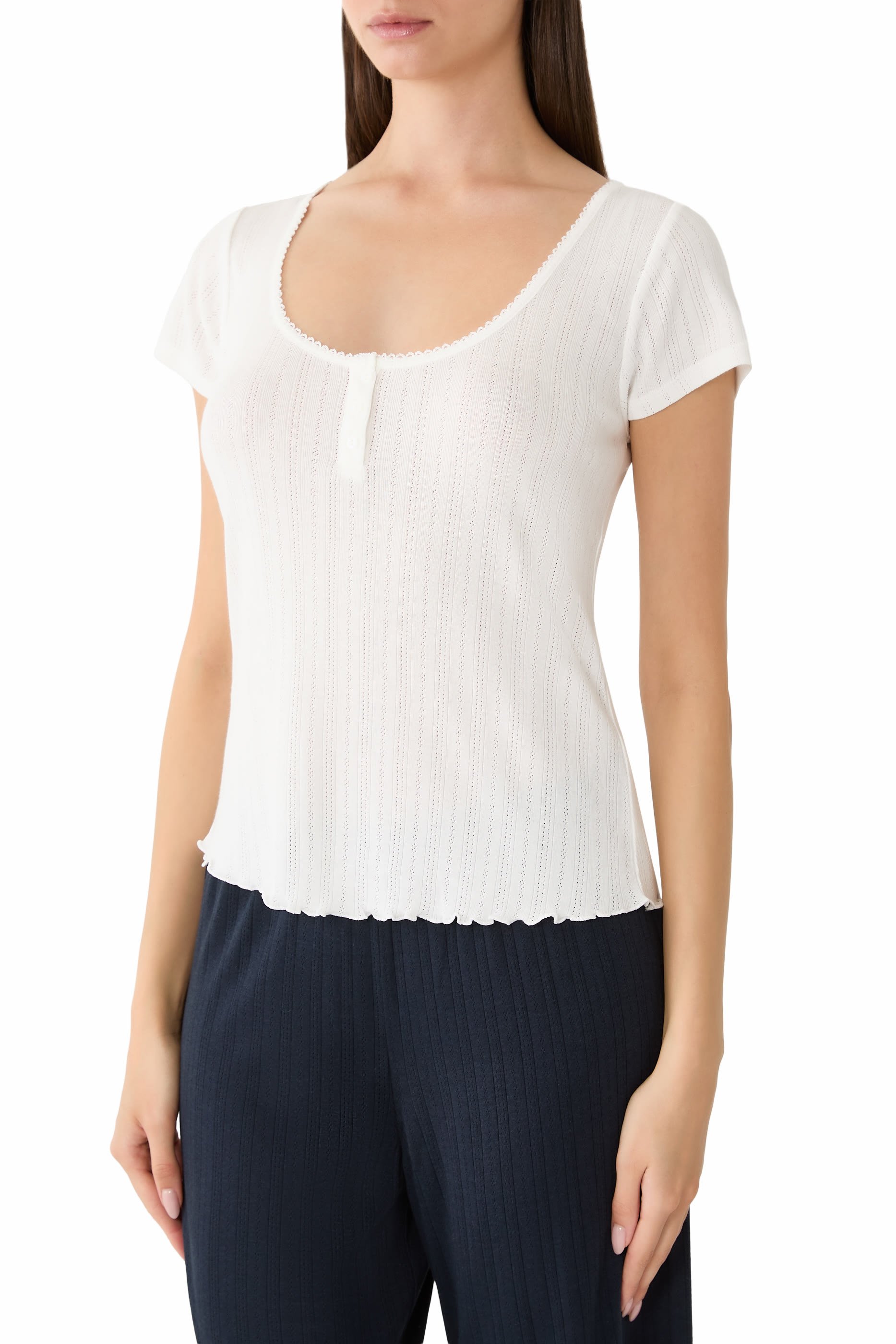  Pointelle Scoop Neck Pajama Top 