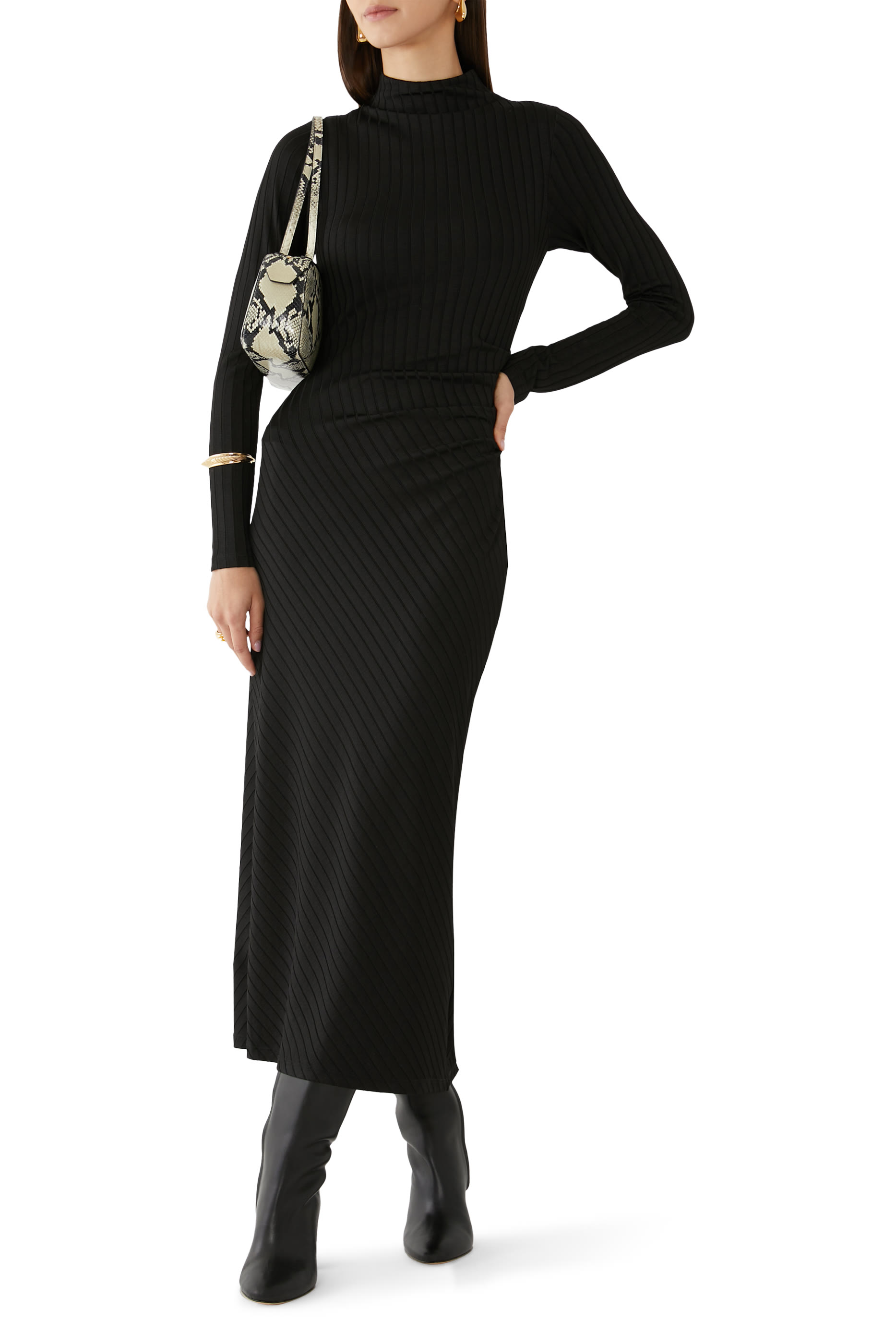Rib Funnel Neck Midi Dress