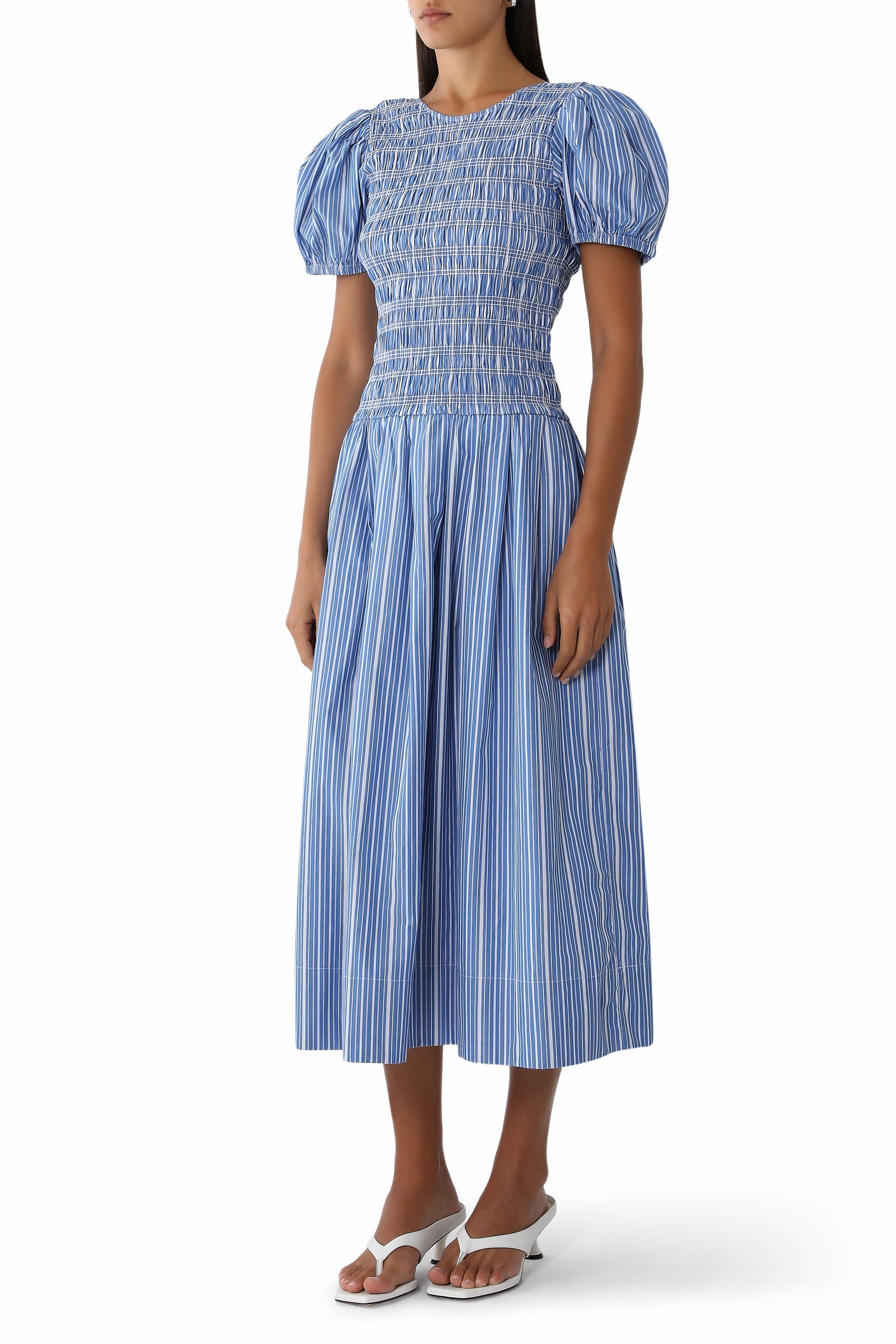 Striped Shirred Midi Dress