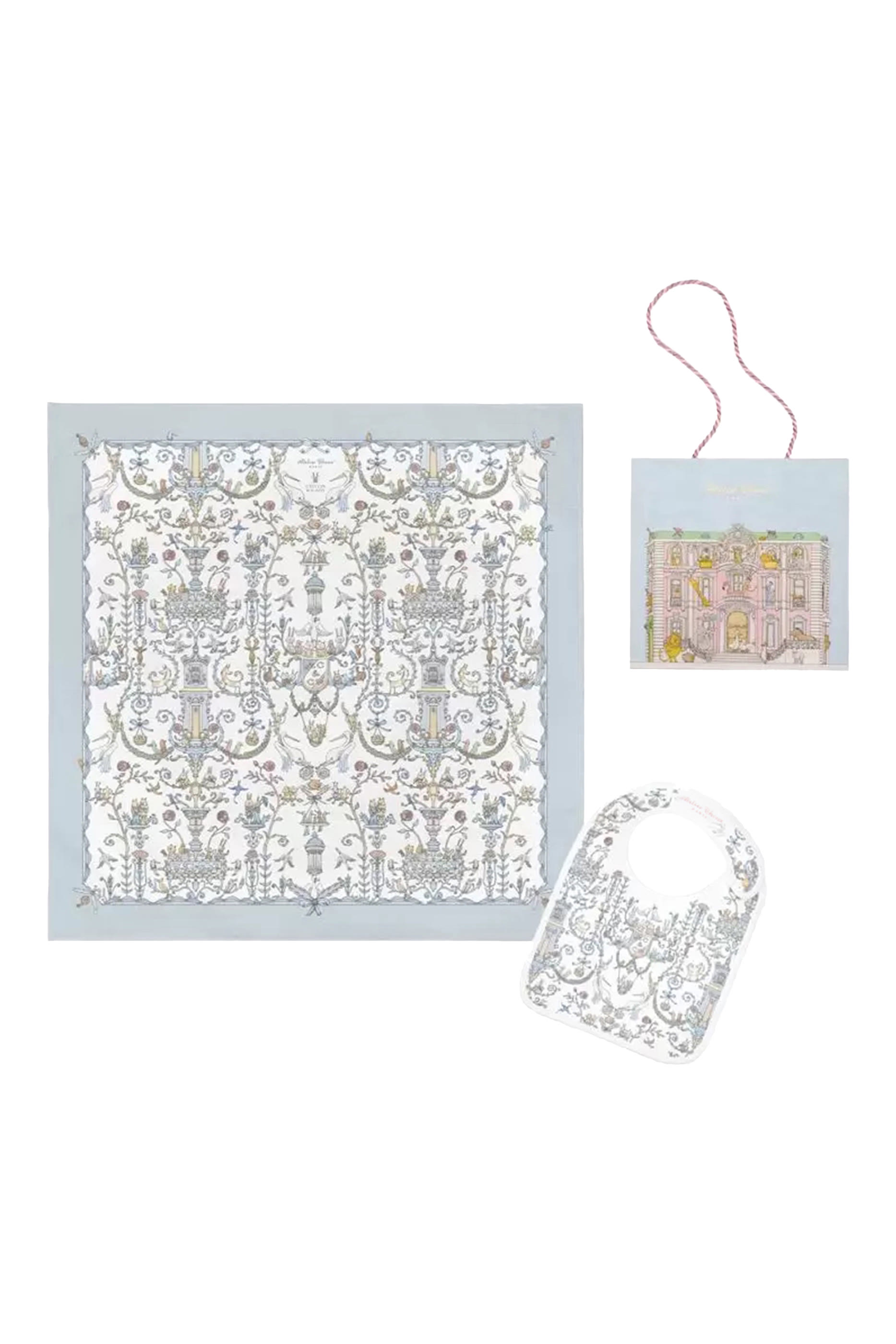 Carr&eacute; & Satin Bib Set in Toile de Jouy Blue