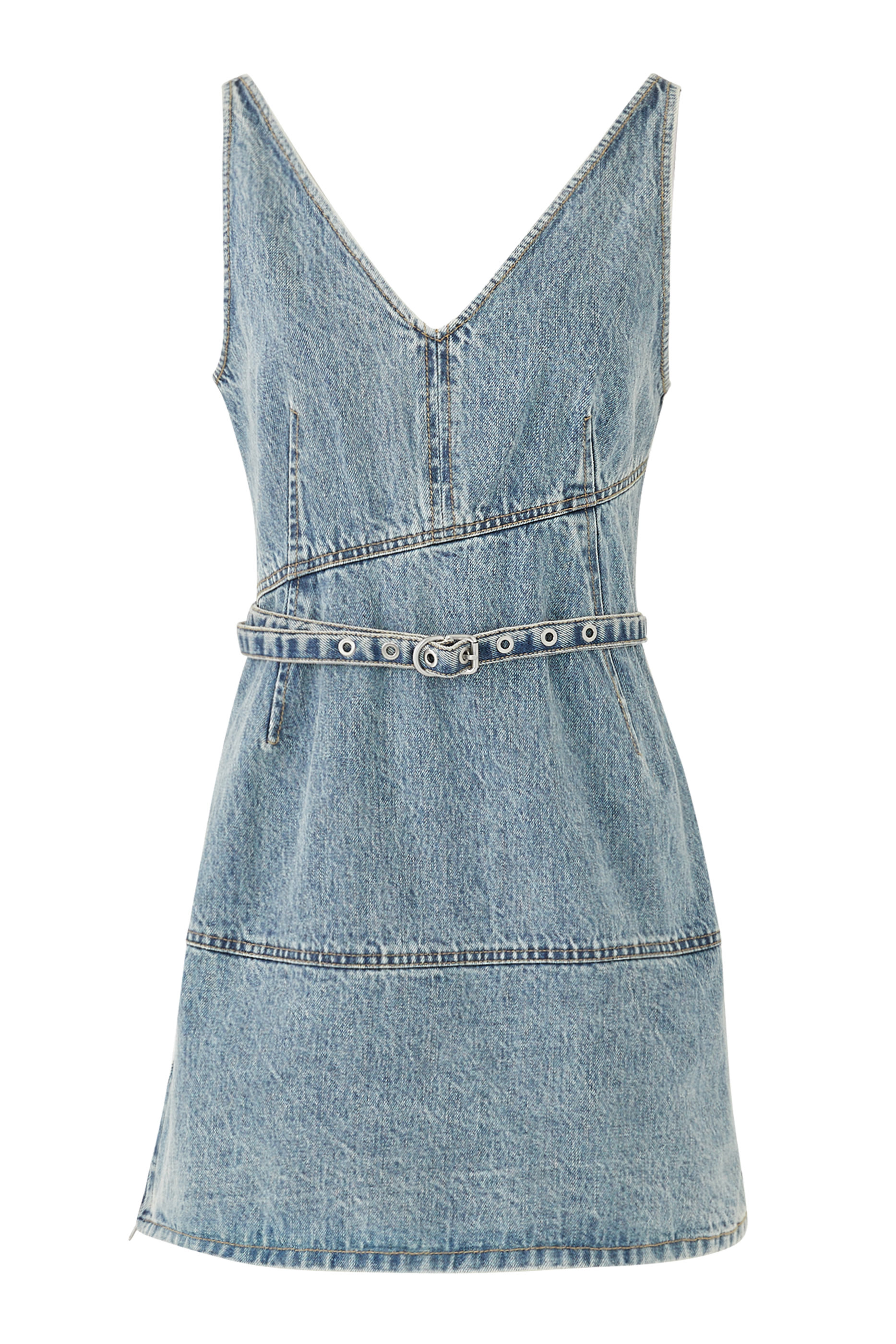 Denim V-Neck Dress with Chiffon Hem