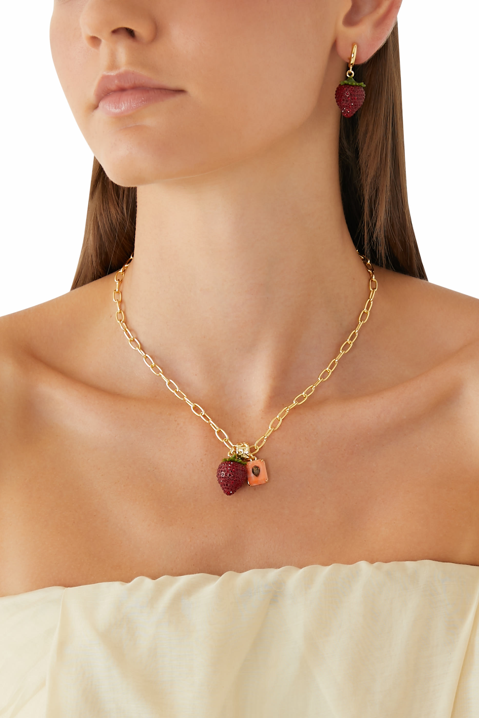 Pav&eacute; Strawberry Pendant Necklace, Brass
