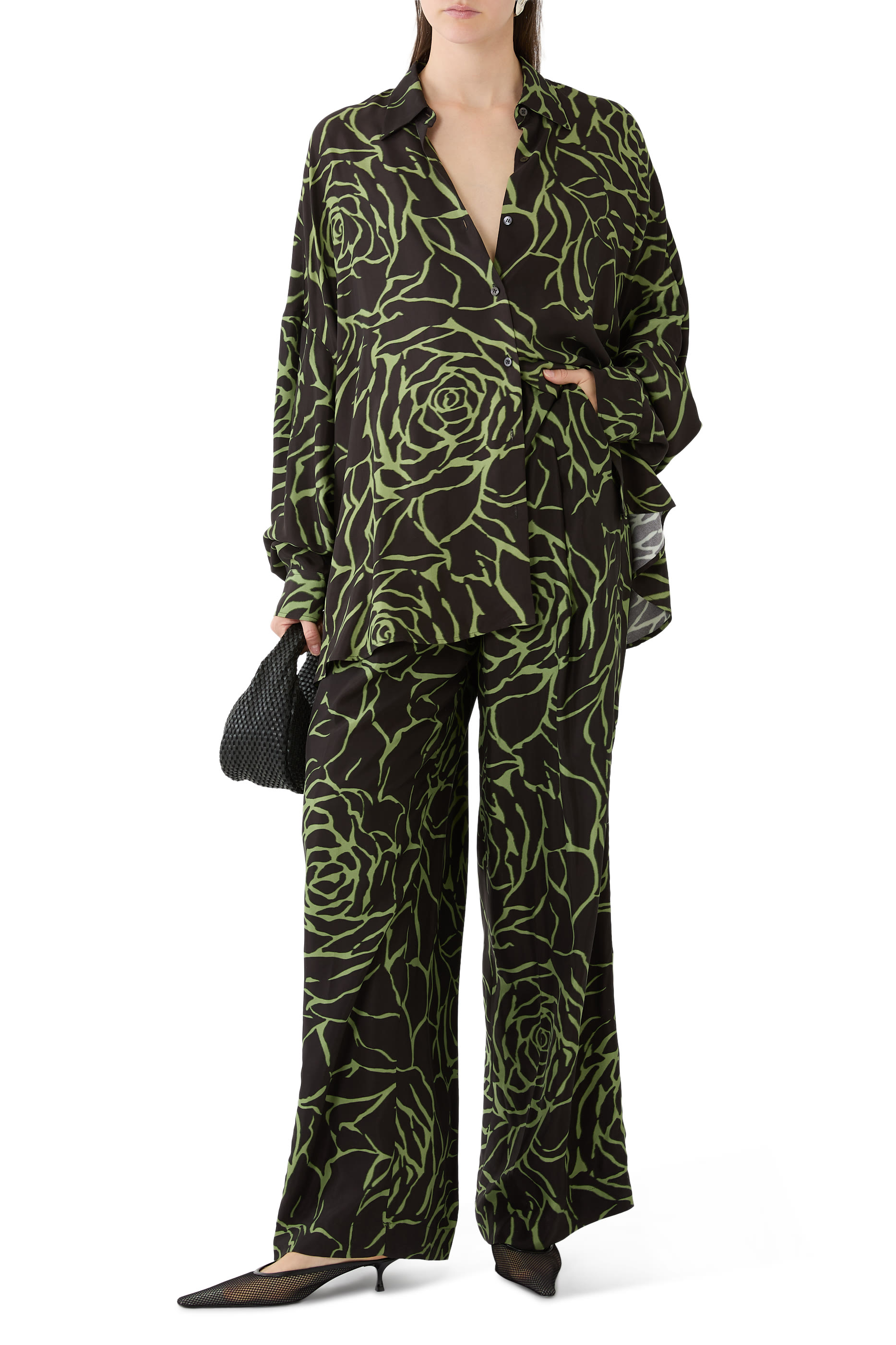 Pila Giant Couture Rose Print Pleated Wide-Leg Pants