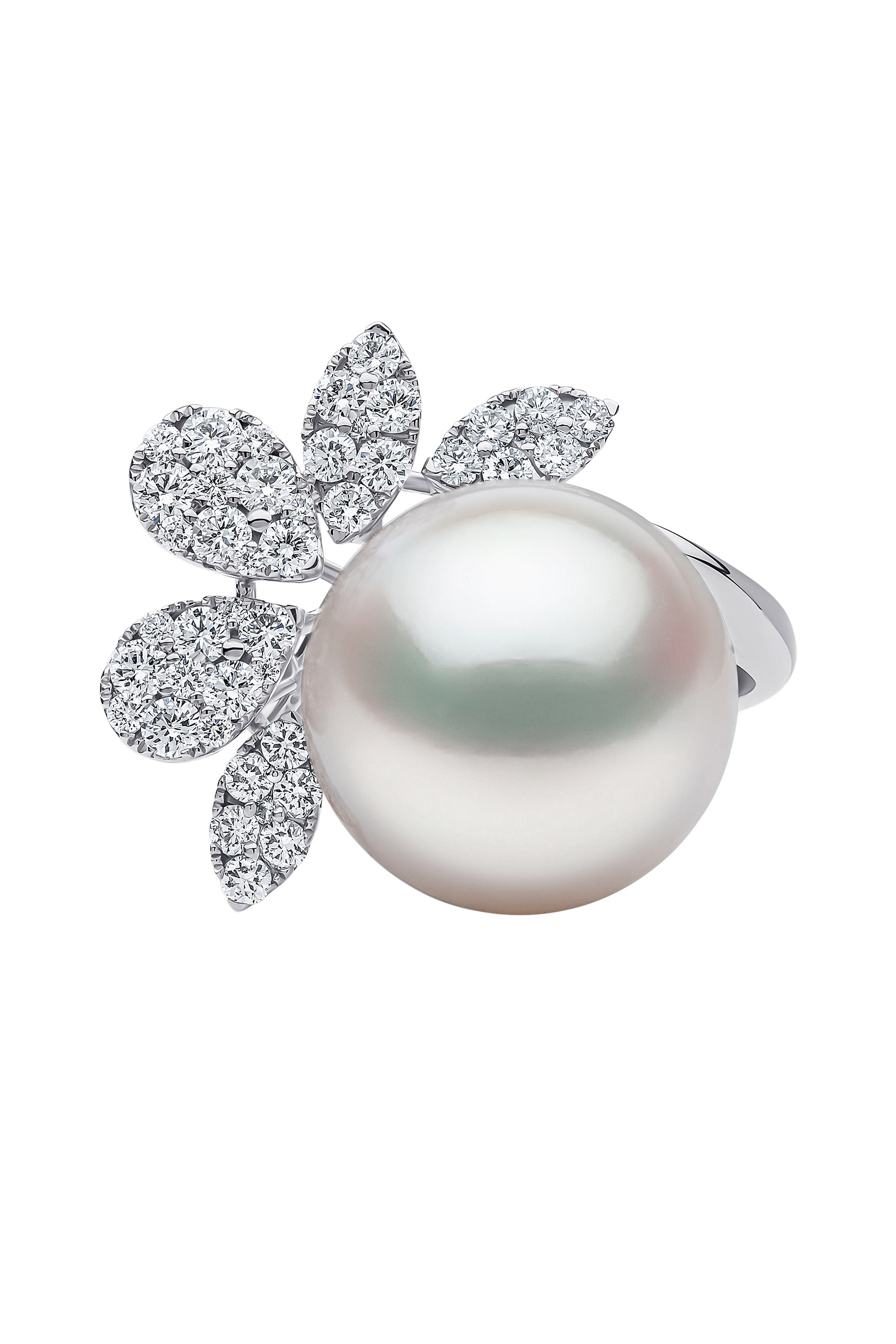  Duchess Flower Flutter Ring, 18K White Gold with South Sea Pearl & Diamonds