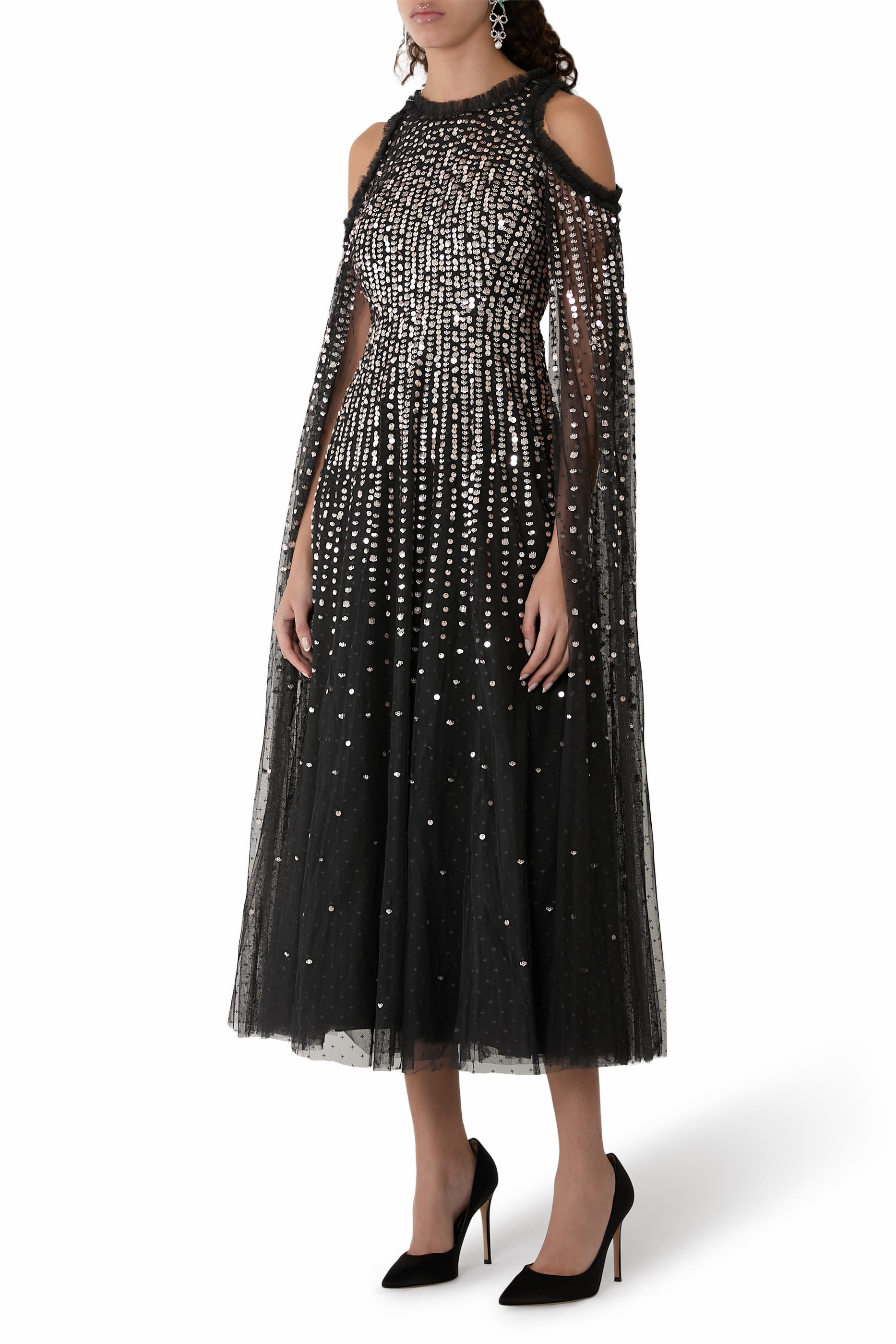 Moonlight Sequin Cape Sleeves Ankle Gown
