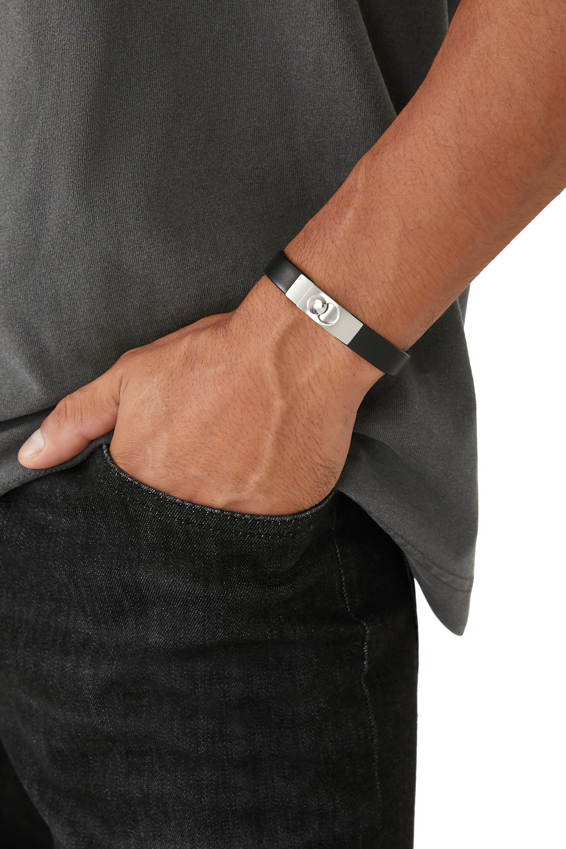 Stainless Steel & Black Leather Strap Bracelet