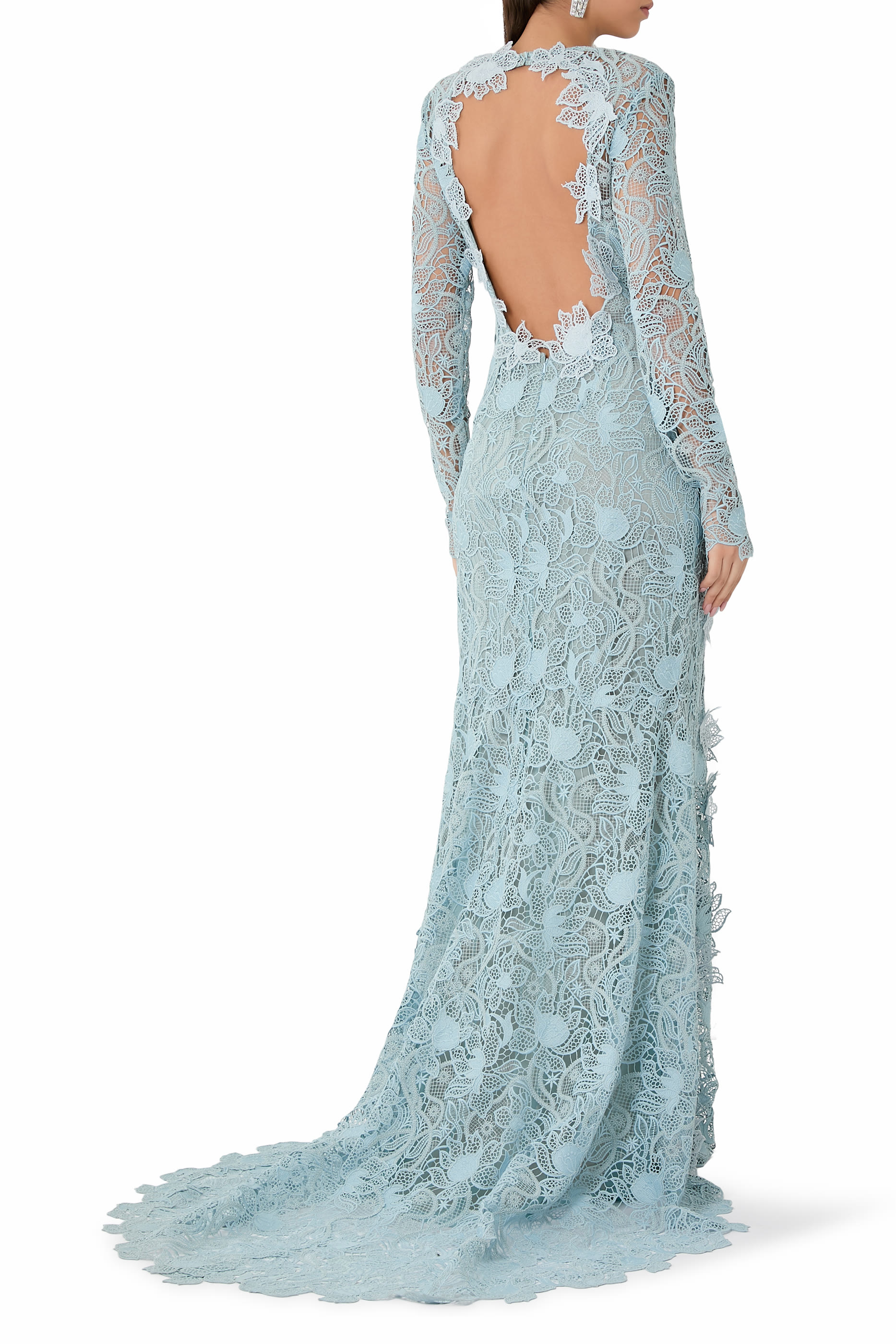 Long Sleeve Corded Botanical Guipure Gown