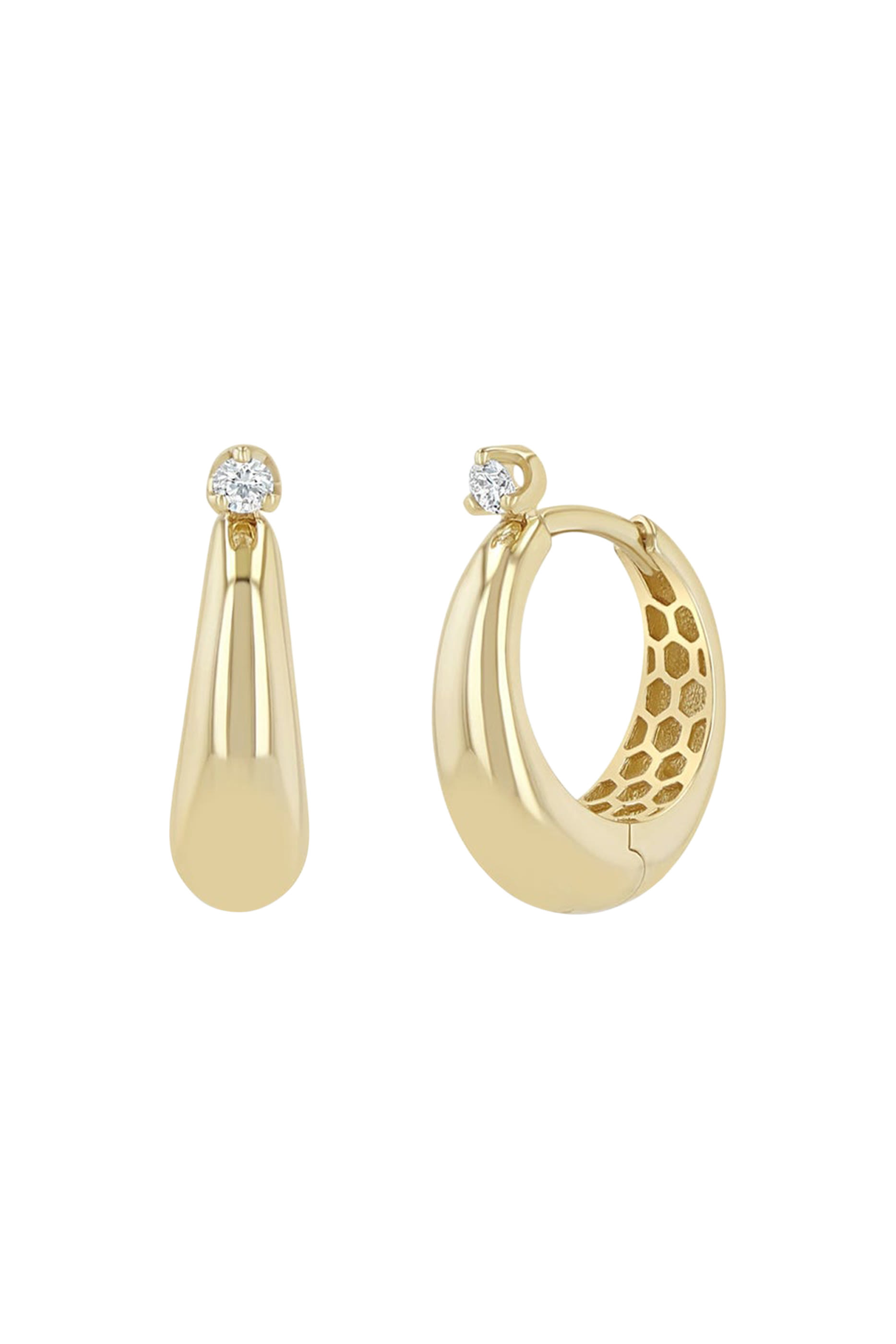  Prong Tapered Dome Hinge Hoops, 14K Gold, Diamonds