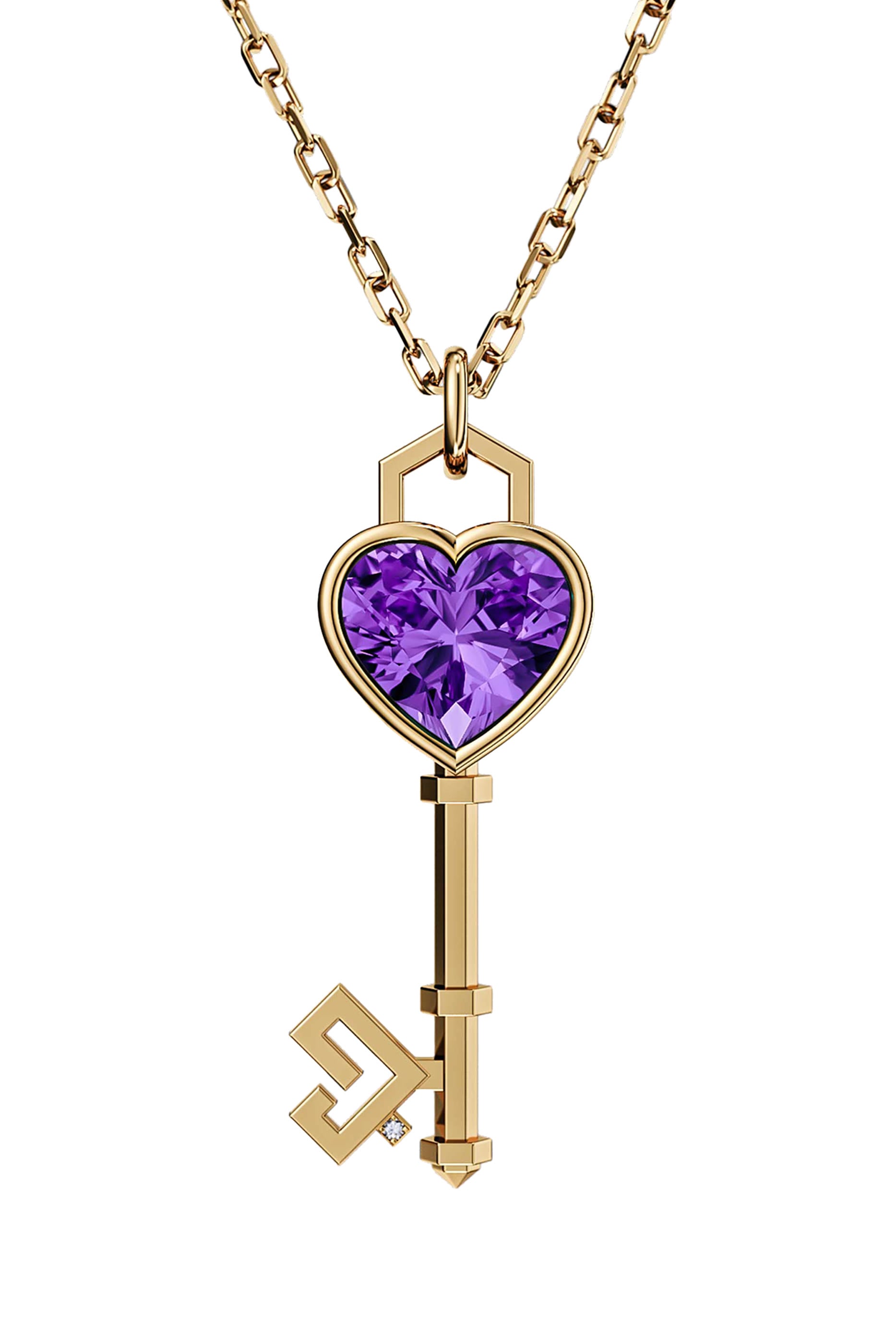 Key of Love Necklace, 18k Yellow Gold & Amethyst