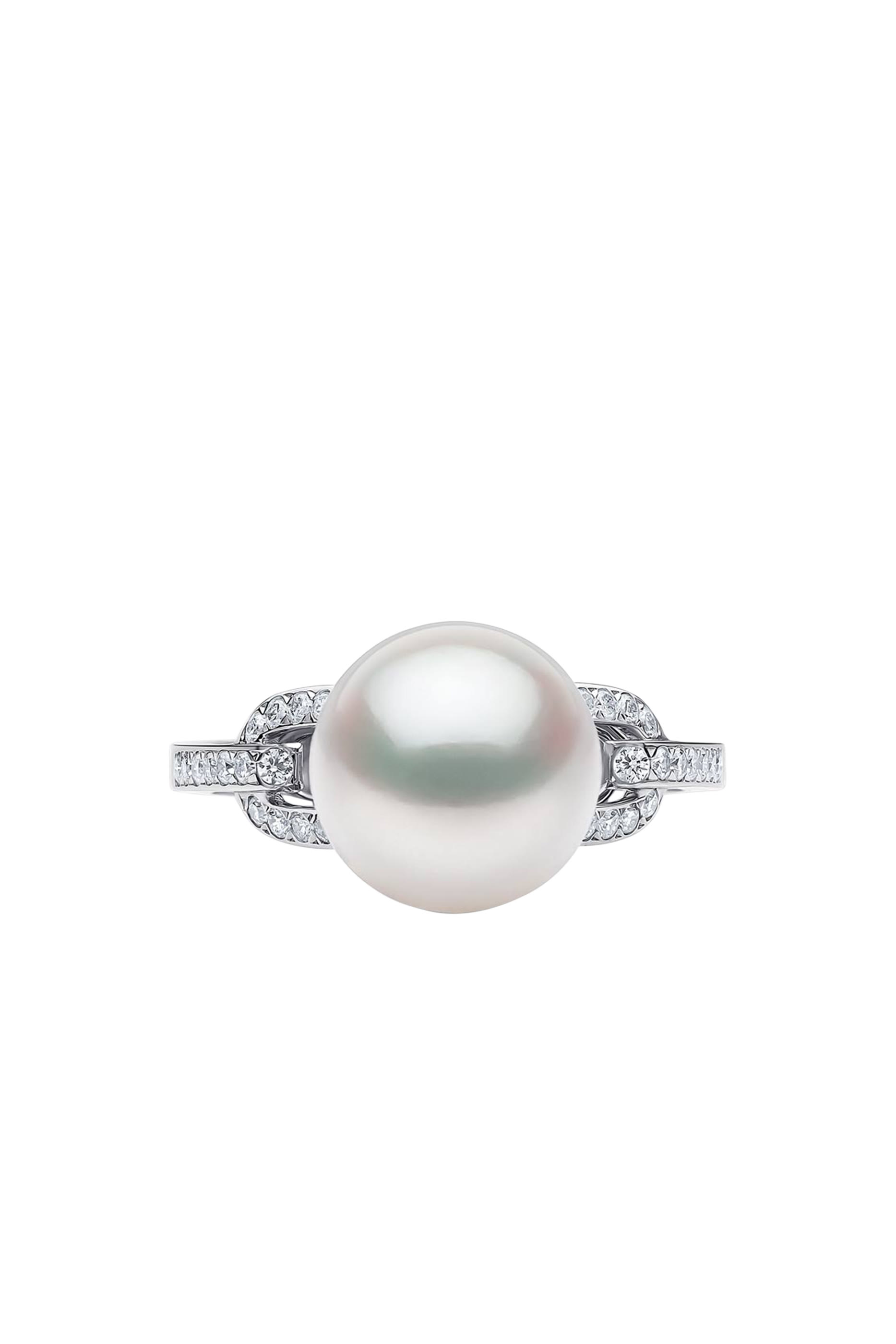  Jazz Link Ring, 18K White Gold with Diamonds & Pearl