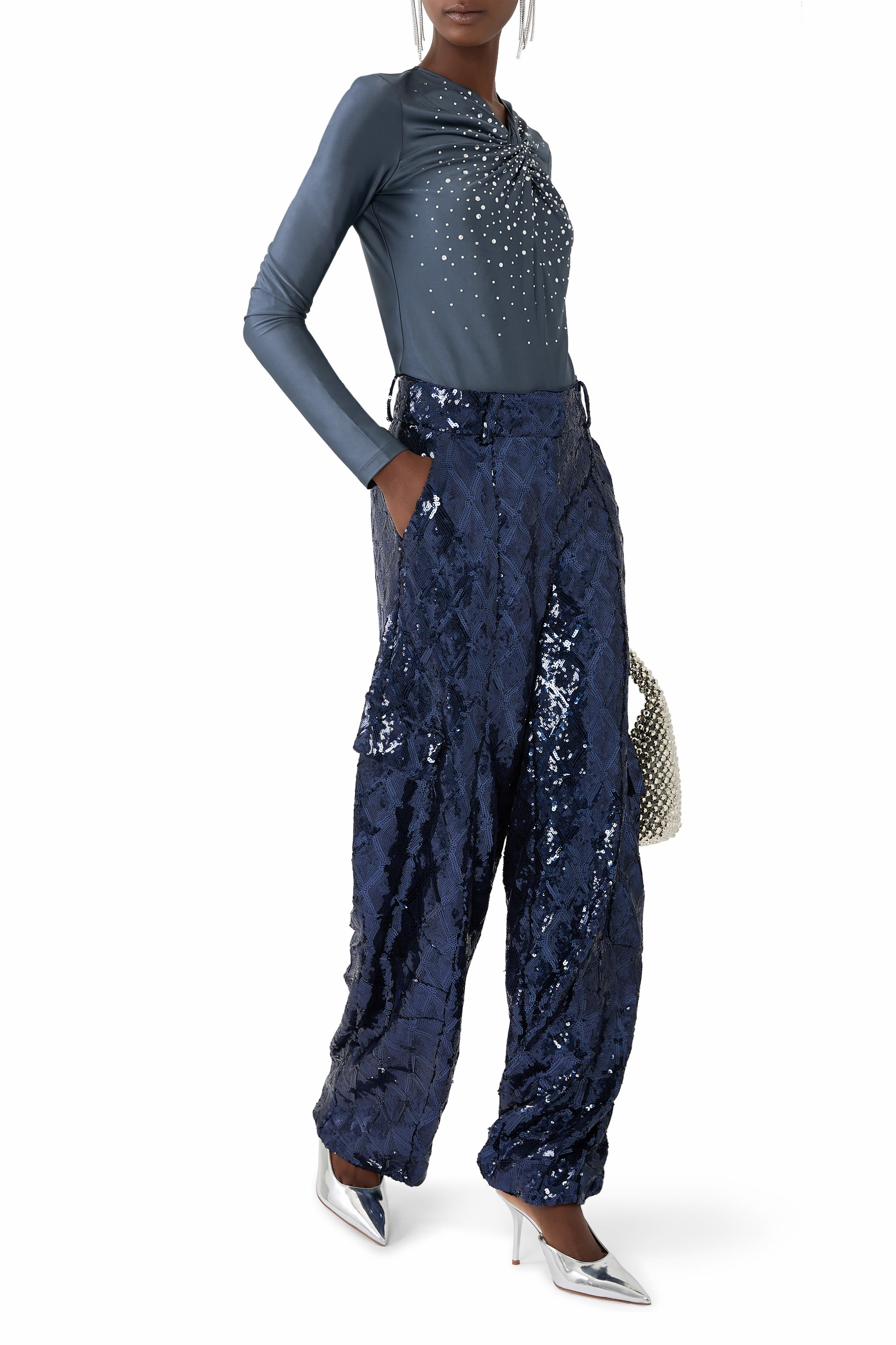 Twist-Front Long Sleeves Crystal Jersey Top