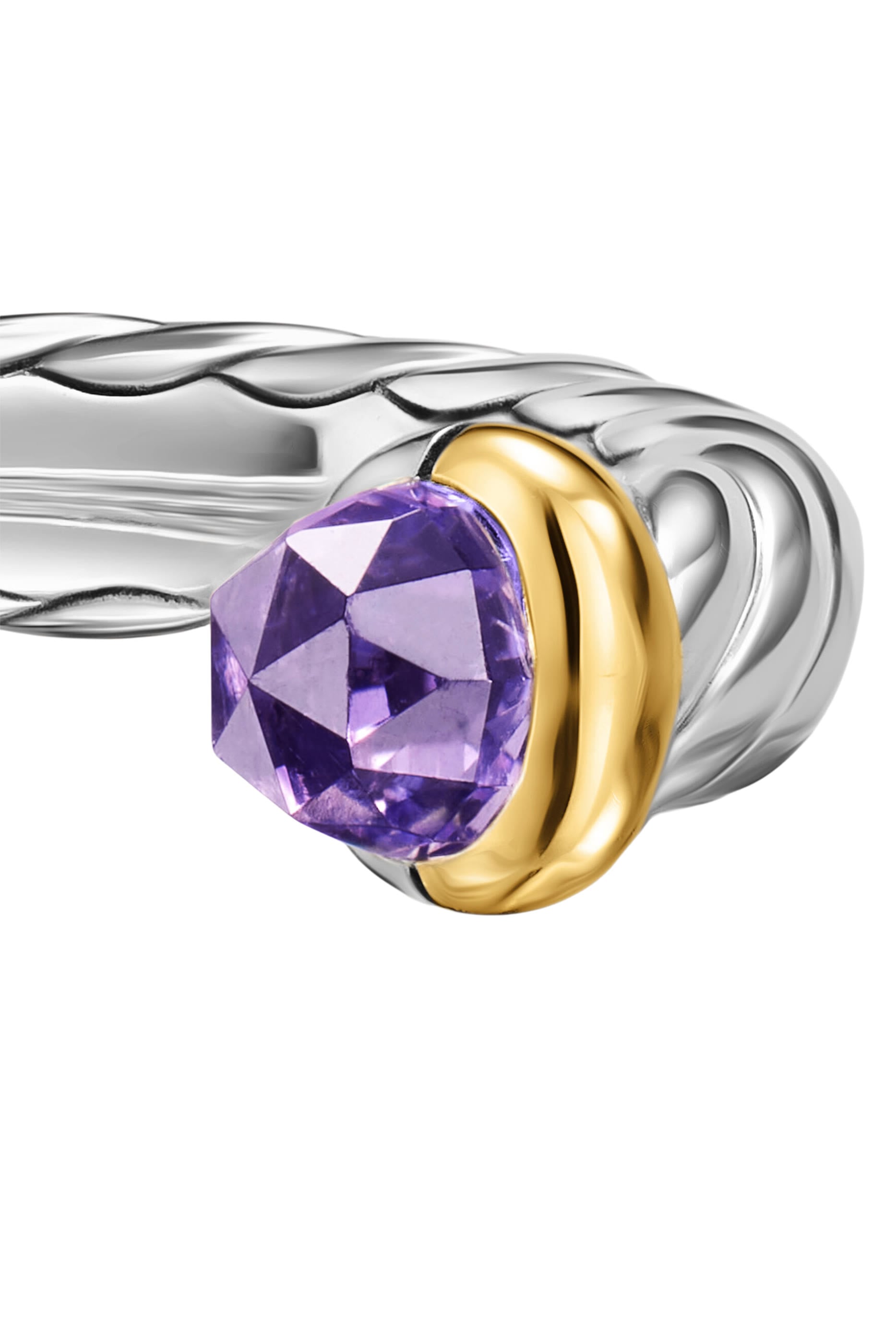 Petite Cable Open Ring, Sterling Silver, 14k Yellow Gold & Amethyst