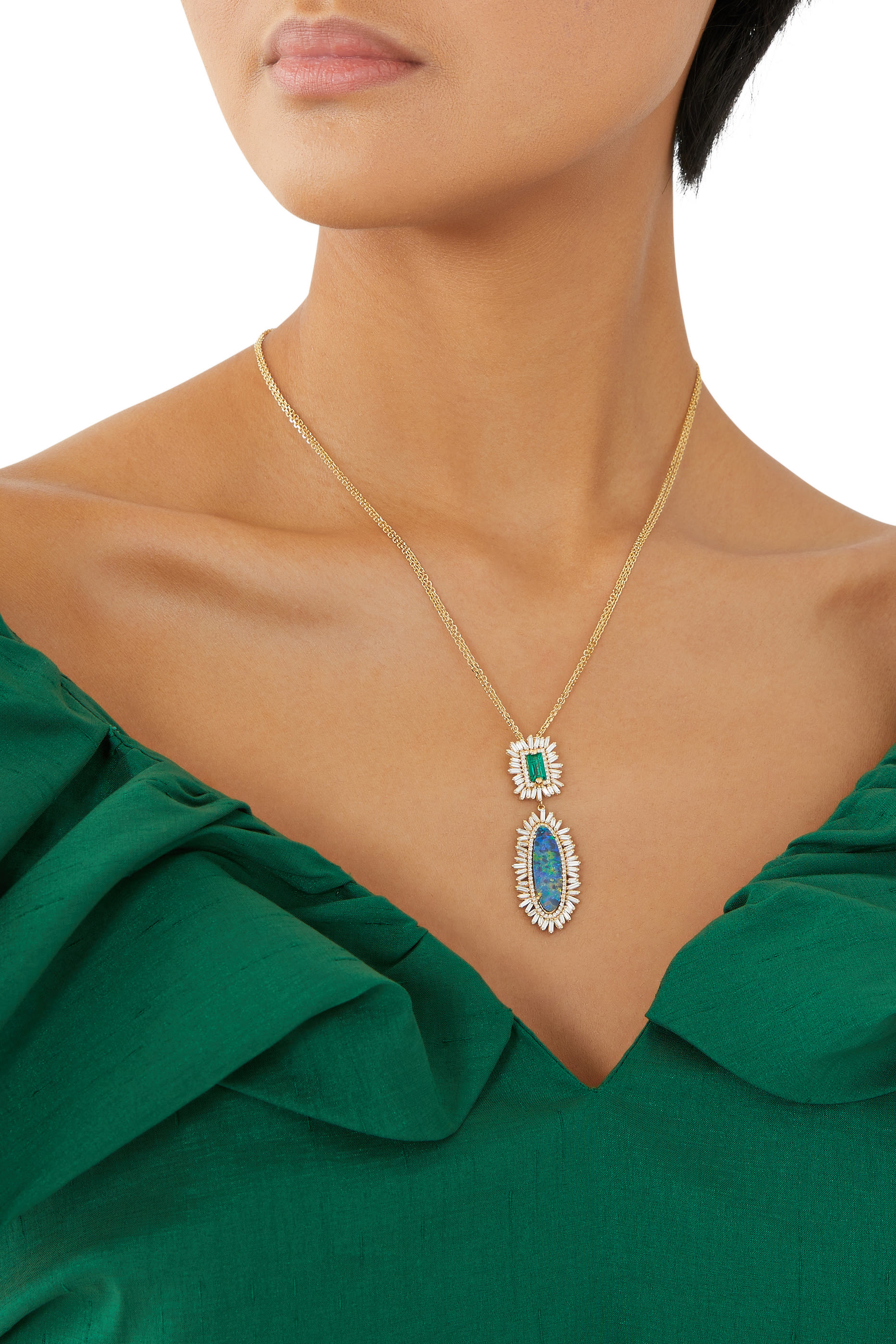 Opal Baguette Necklace, 18k Yellow Gold with Emerald & Diamond