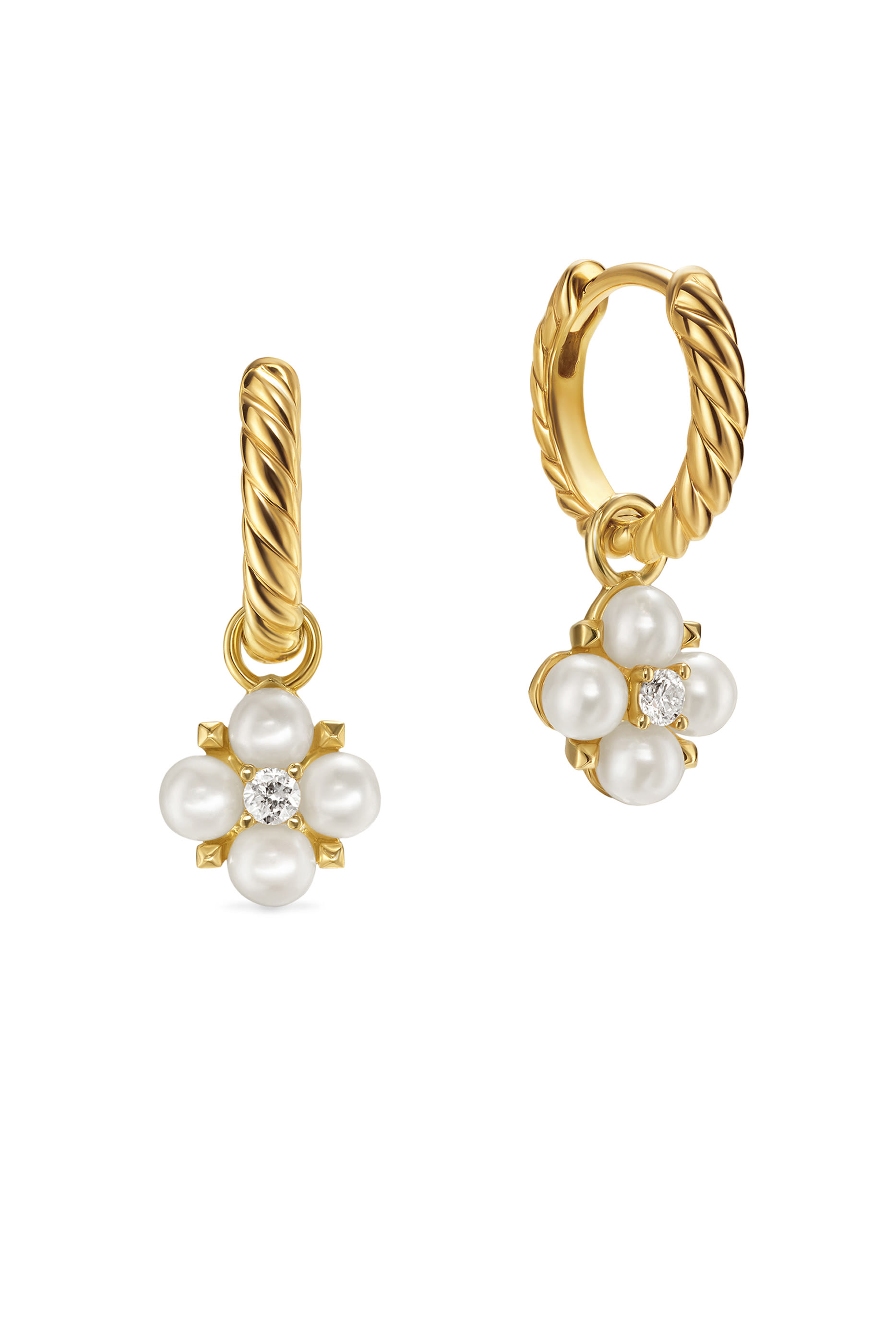 Petite Modern Renaissance Pearl Drop Earrings, 18K Yellow Gold with Akoya White Pearls & Diamonds