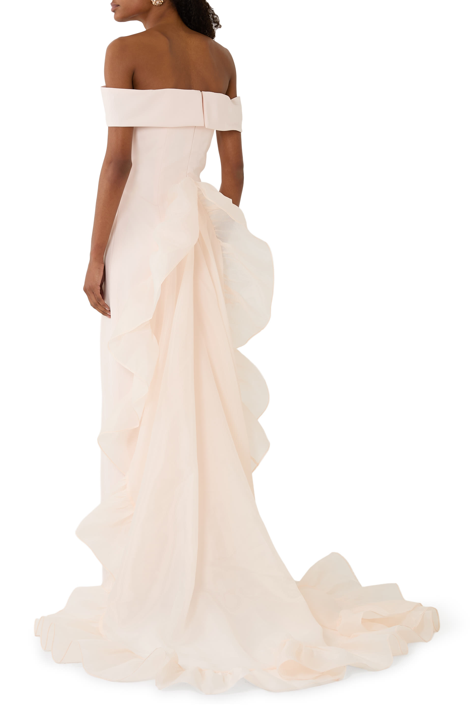 Strapless Off-Shoulder Gown with Ruched Organza Train