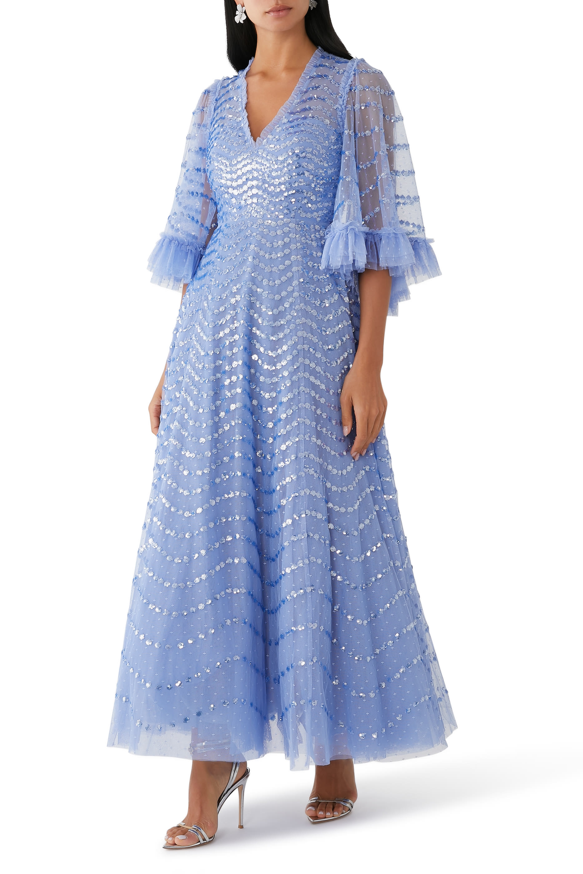 Shimmer Wave Gloss V-Neck Ankle Gown