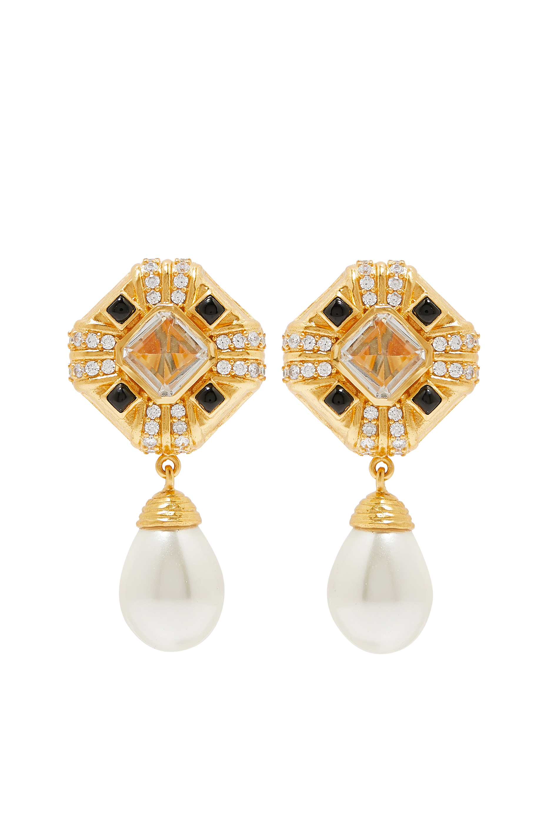 Natalie Pacifique Earrings, 24k Gold Plated Brass & Quartz Crystal & Onyx Stones & Pearl Drop