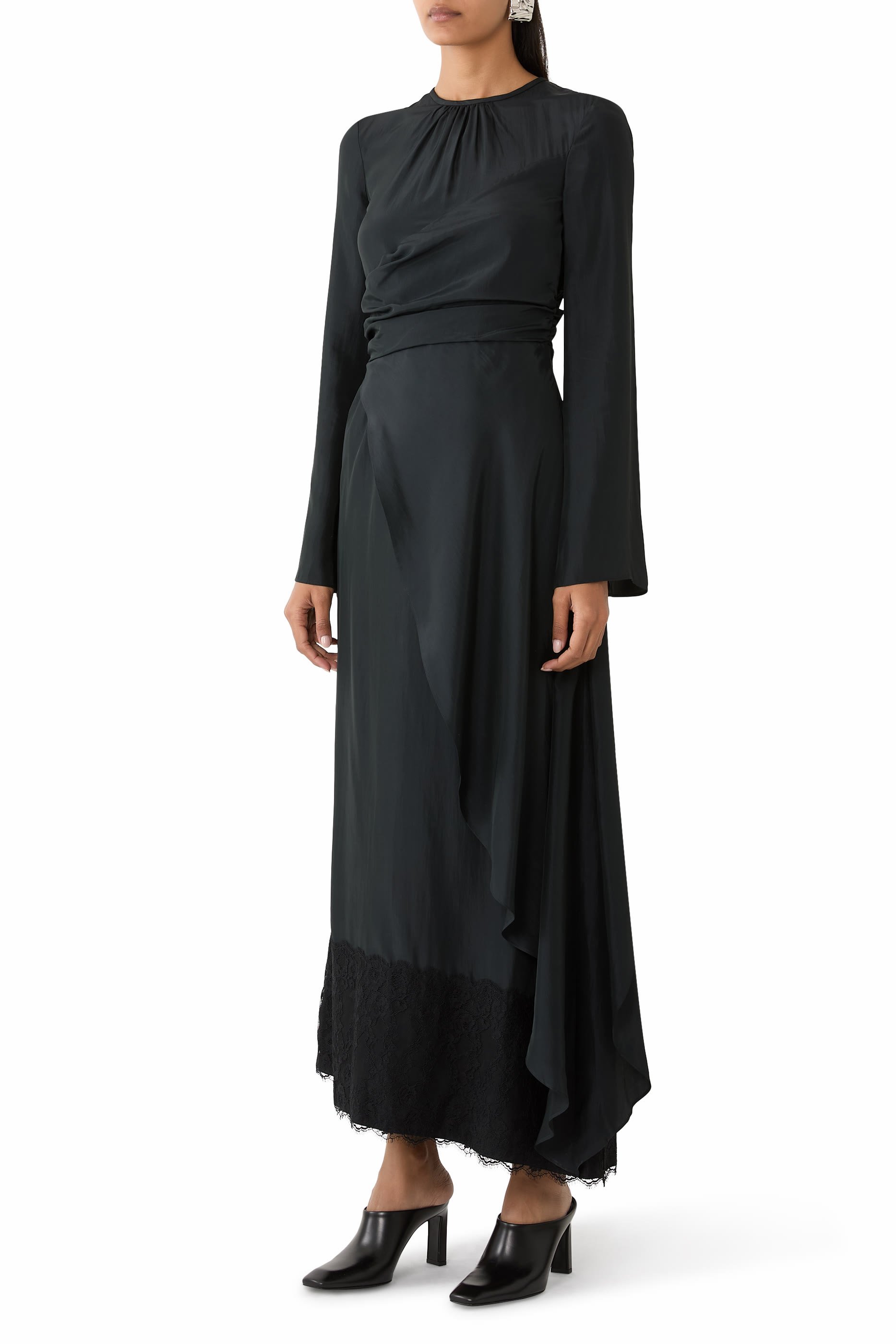 Lace Touch Habutai Long Sleeve Maxi Dress