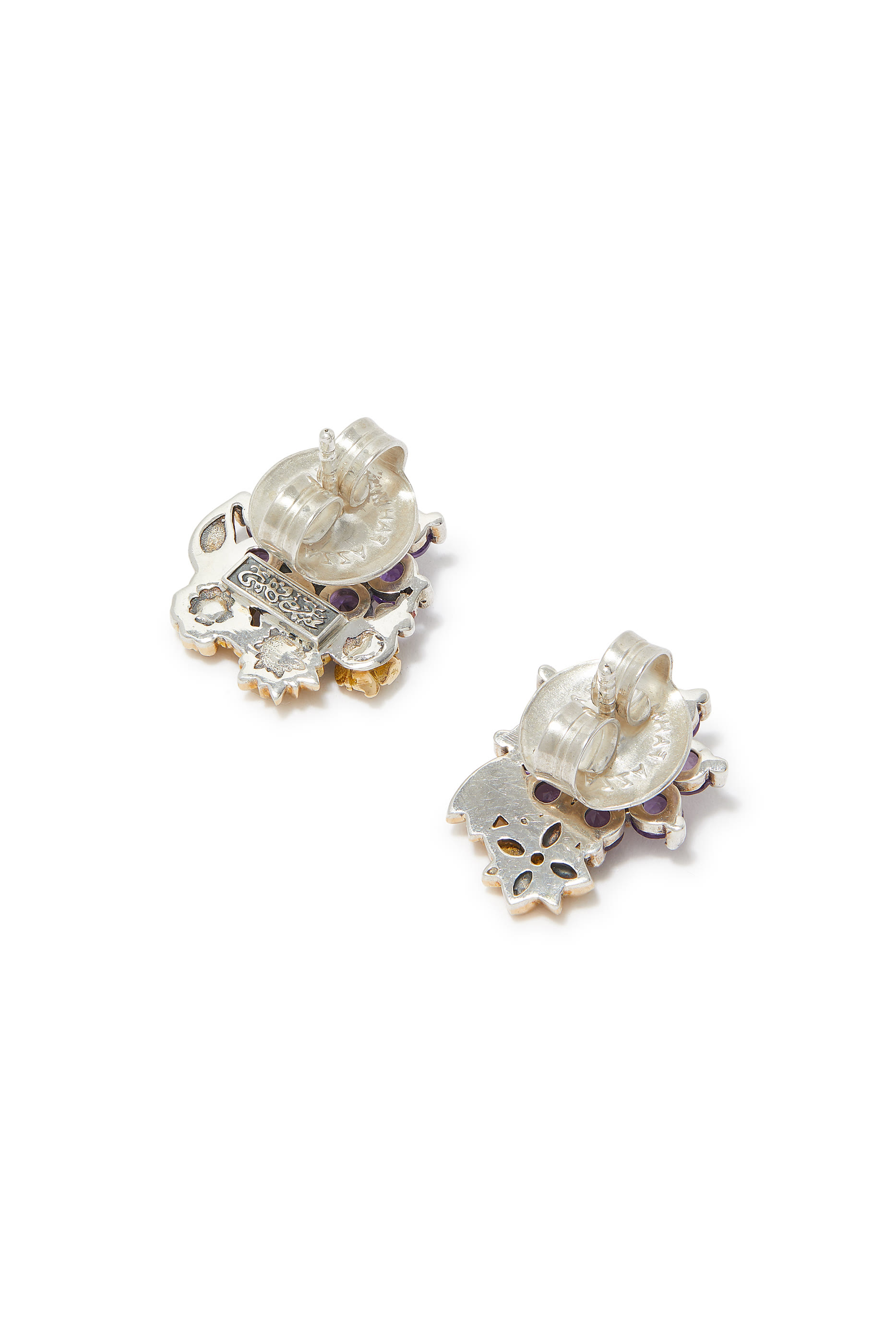 Mismatched Floral Earrings, Sterling Silver, 18K Yellow Gold & Amethyst