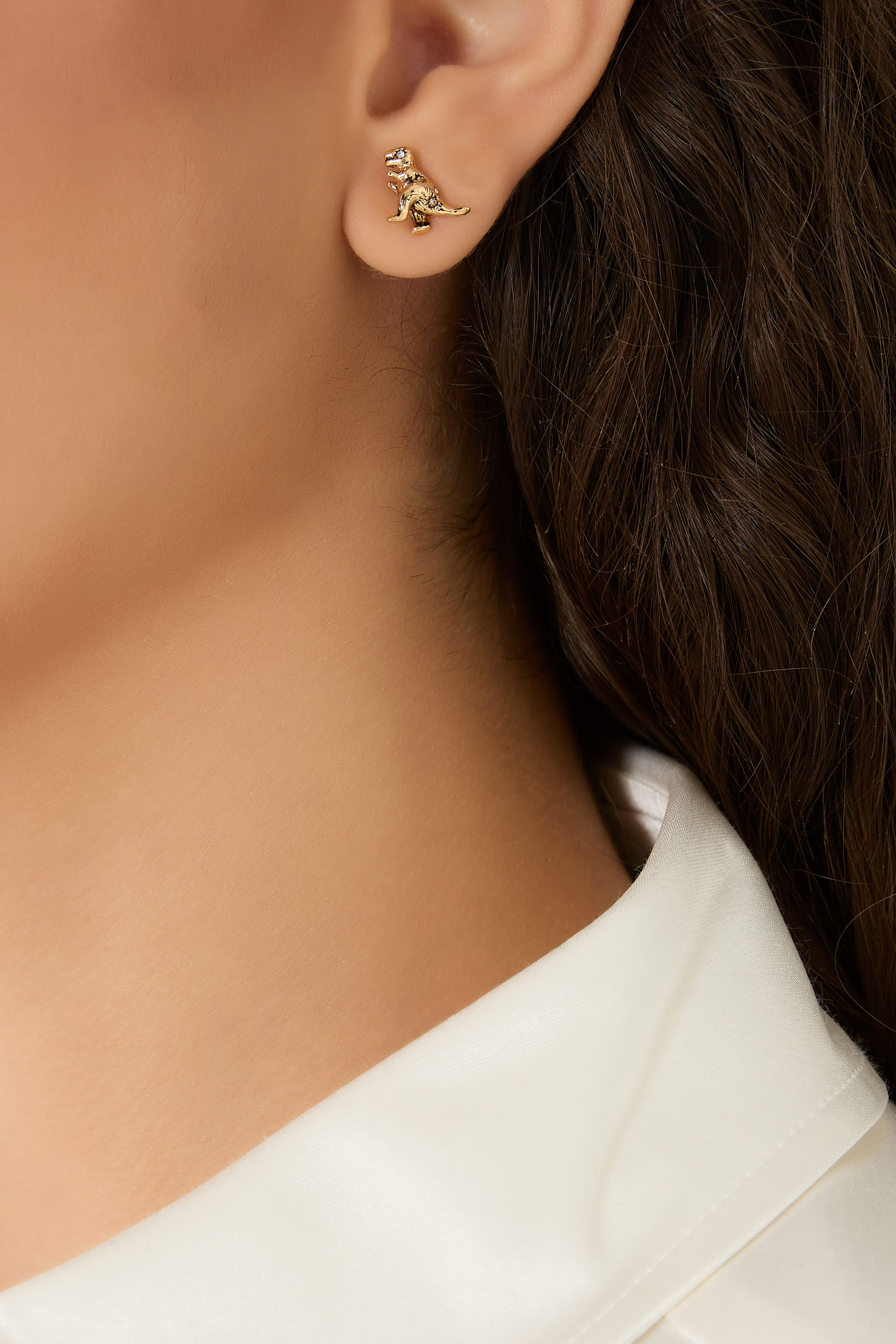 Rexy Dino Stud Earrings, Brass, Titanium & Glass, Cubic Zirconia