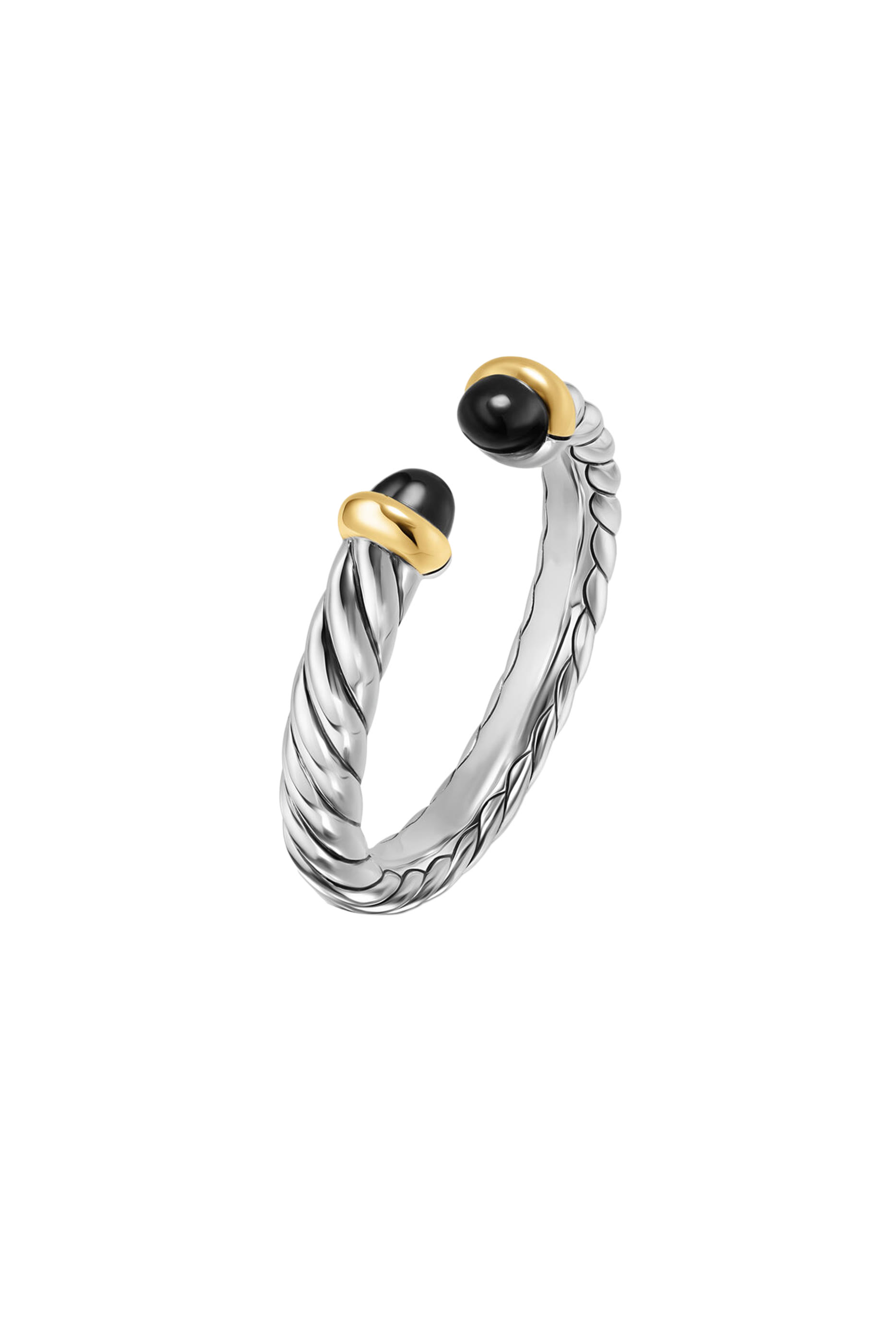 Petite Cable Open Ring, Sterling Silver, 14k Yellow Gold & Onyx