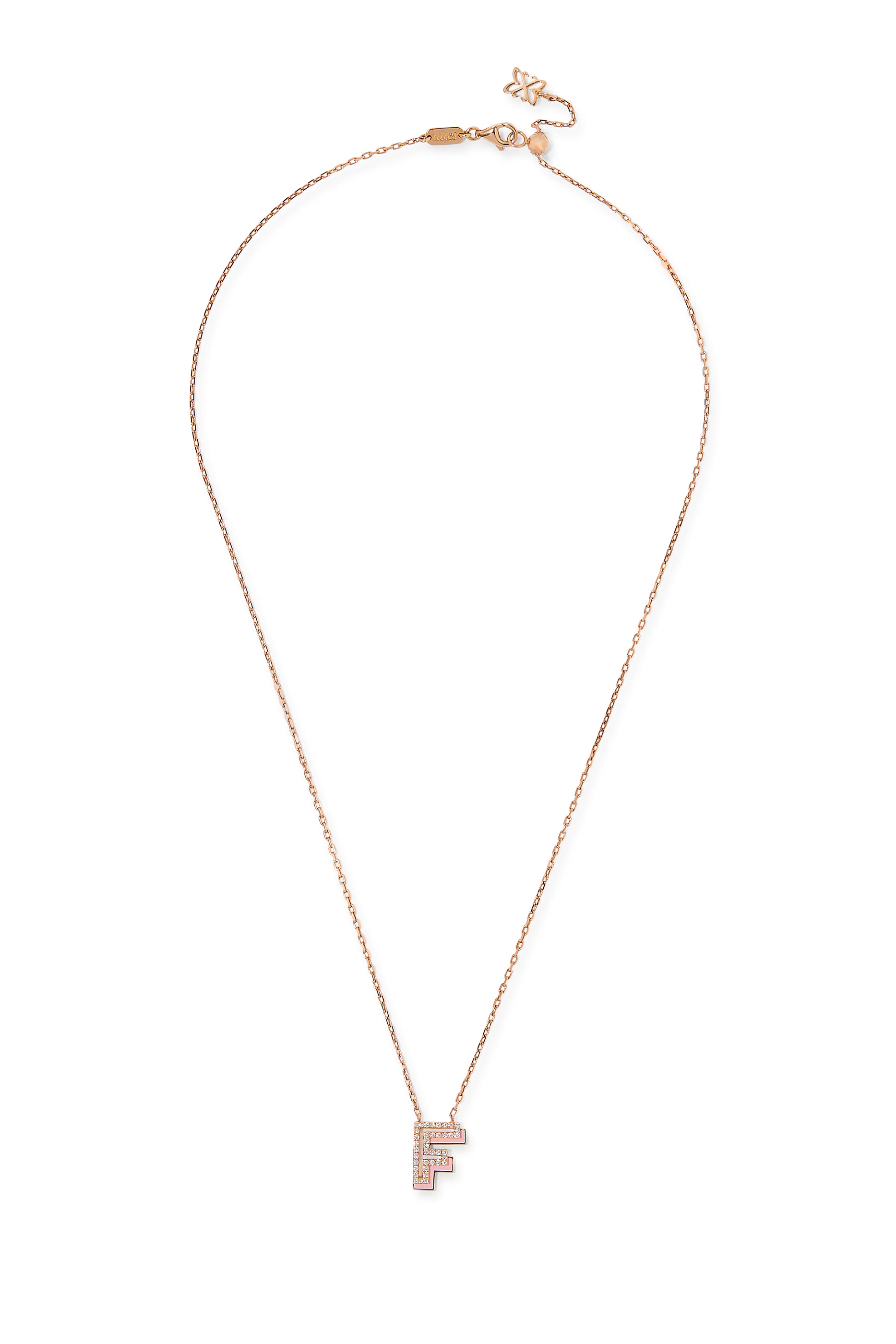Letter F Silhouette Necklace, 18k Rose Gold with Diamonds & Enamel