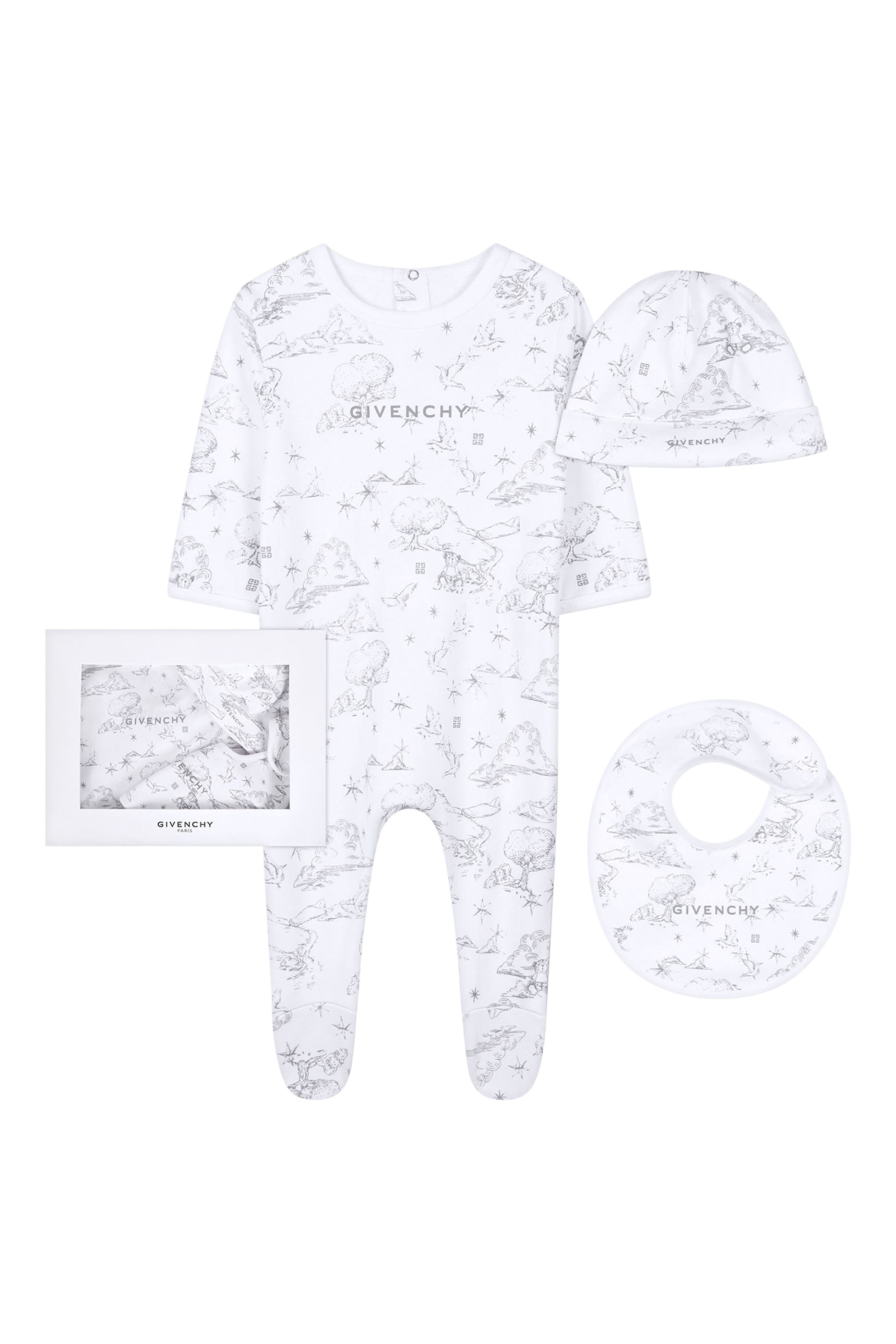 Kids Printed Bodysuit, Bib and Hat Set