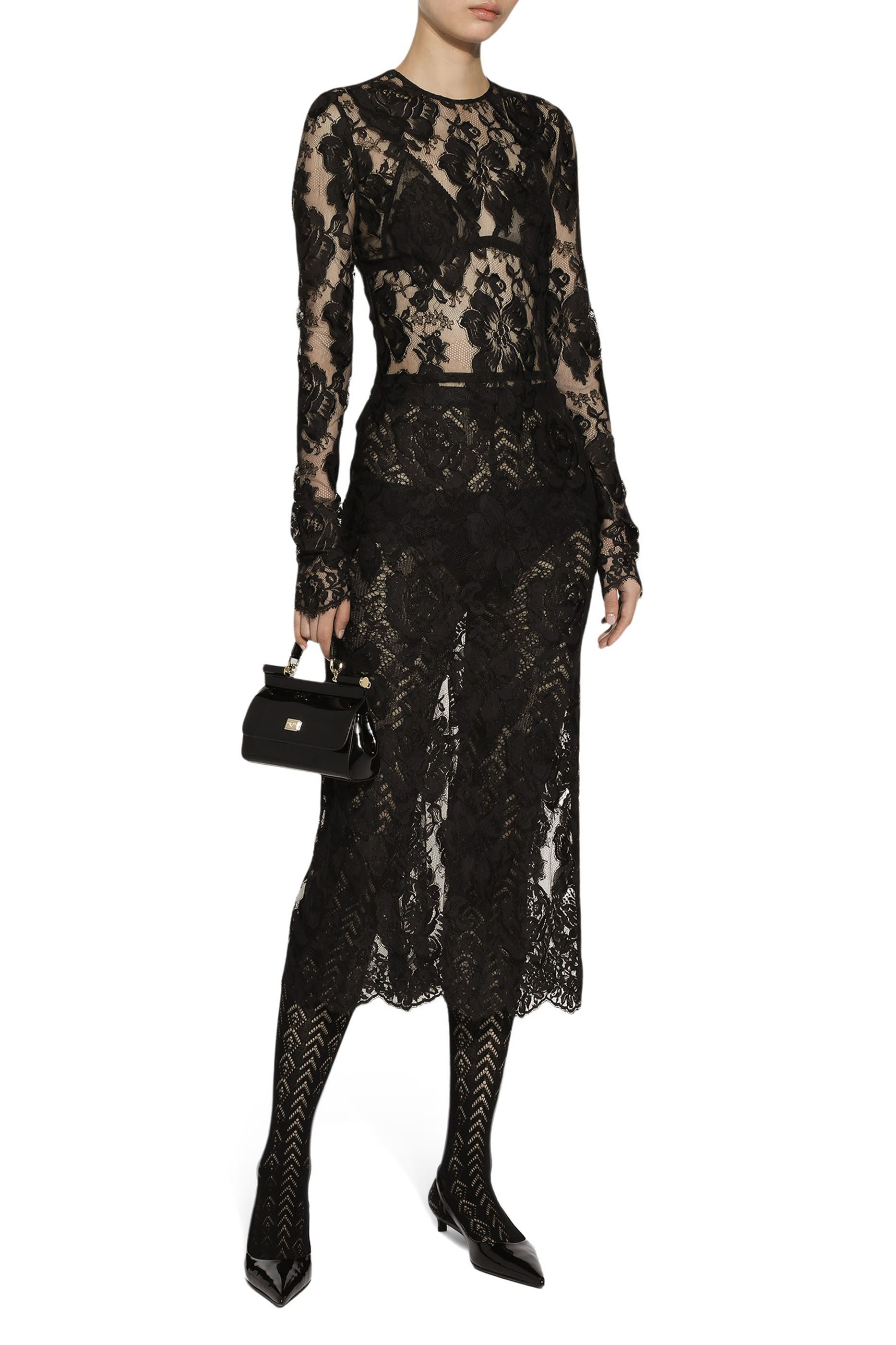 Calf-length Floral Lace Dress