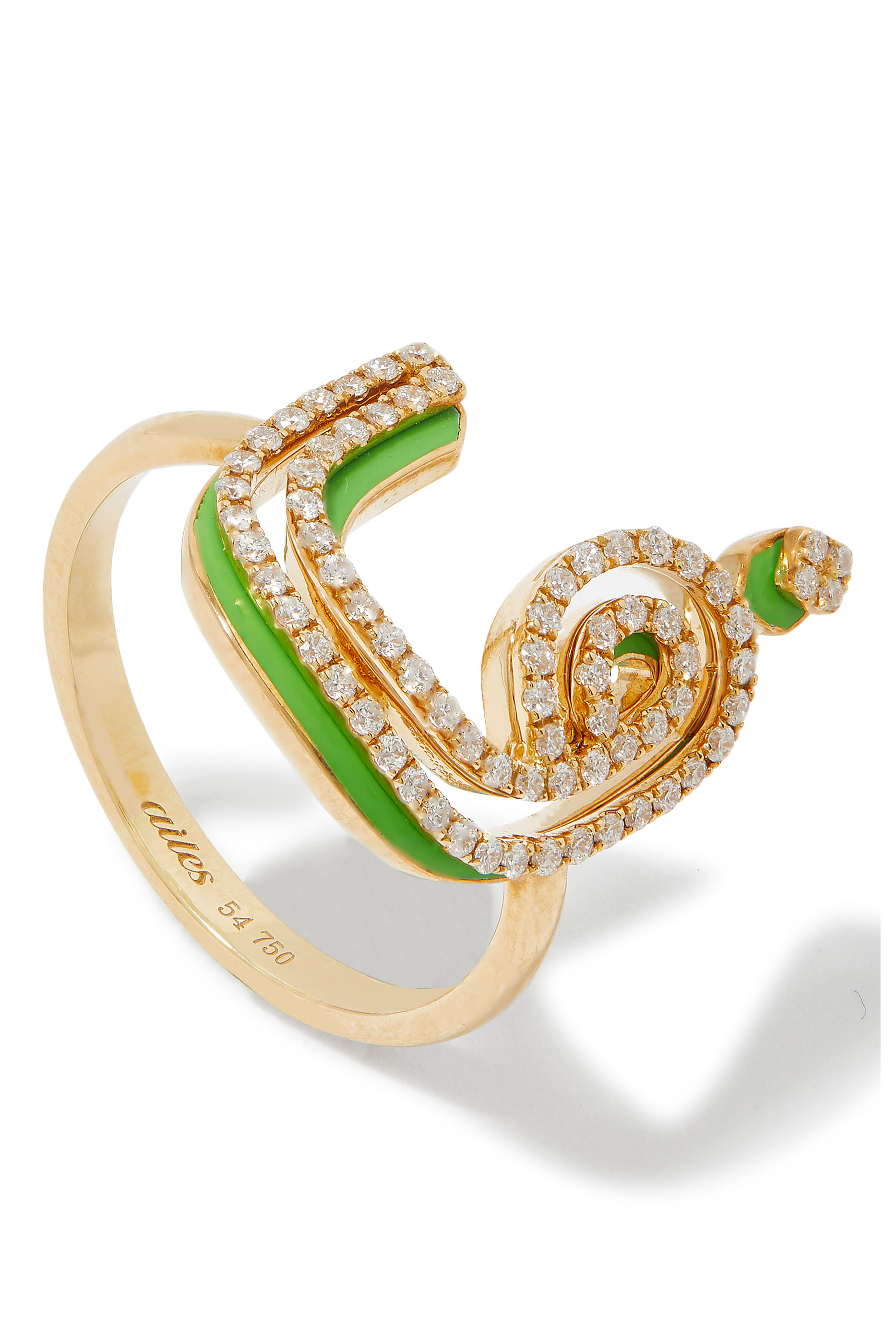 Letter F Silhouette Ring, 18K Yellow Gold with Diamonds & Enamel