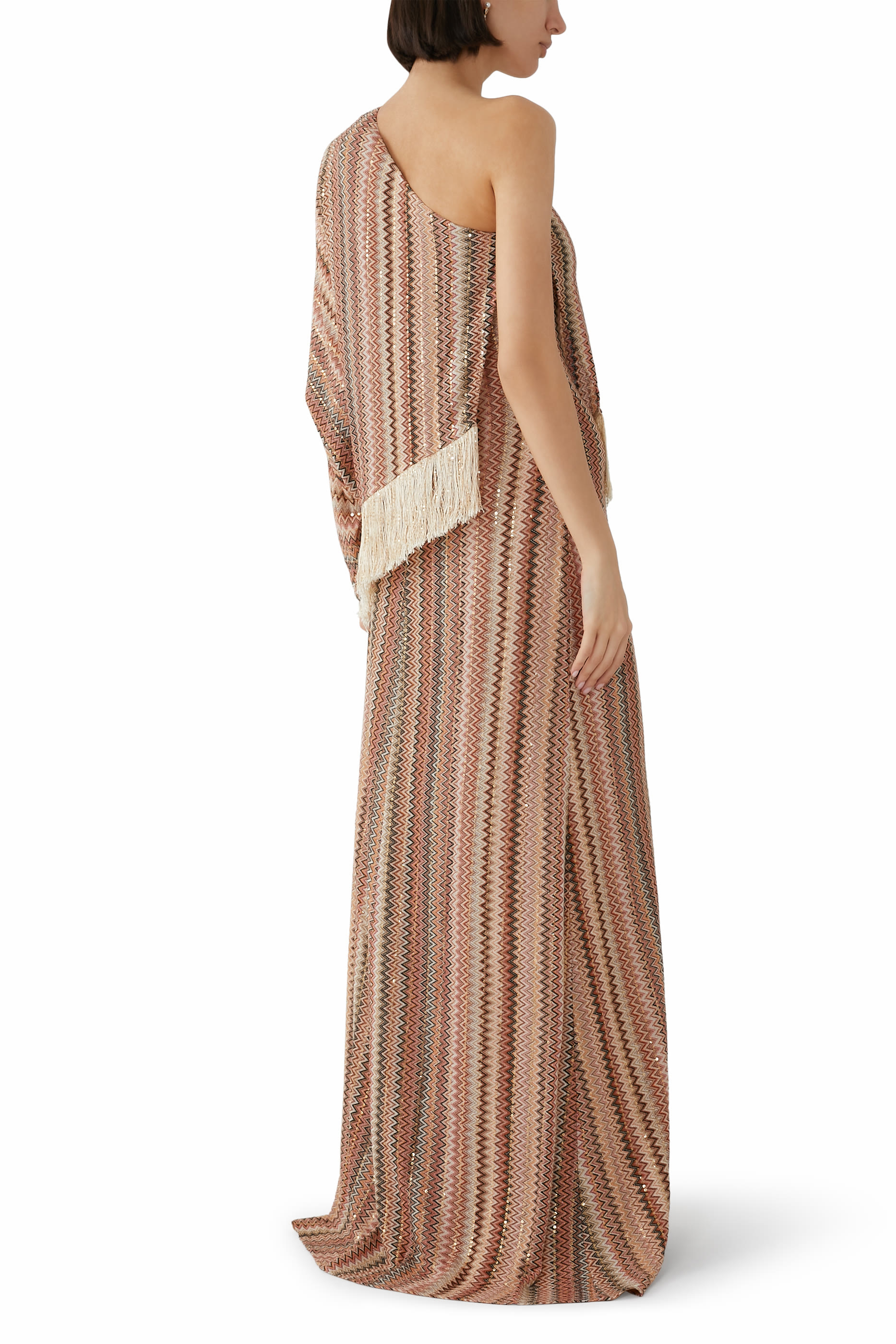 Exclusive Chevron Raschel Sequinned Flared Asymmetrical Maxi Dress