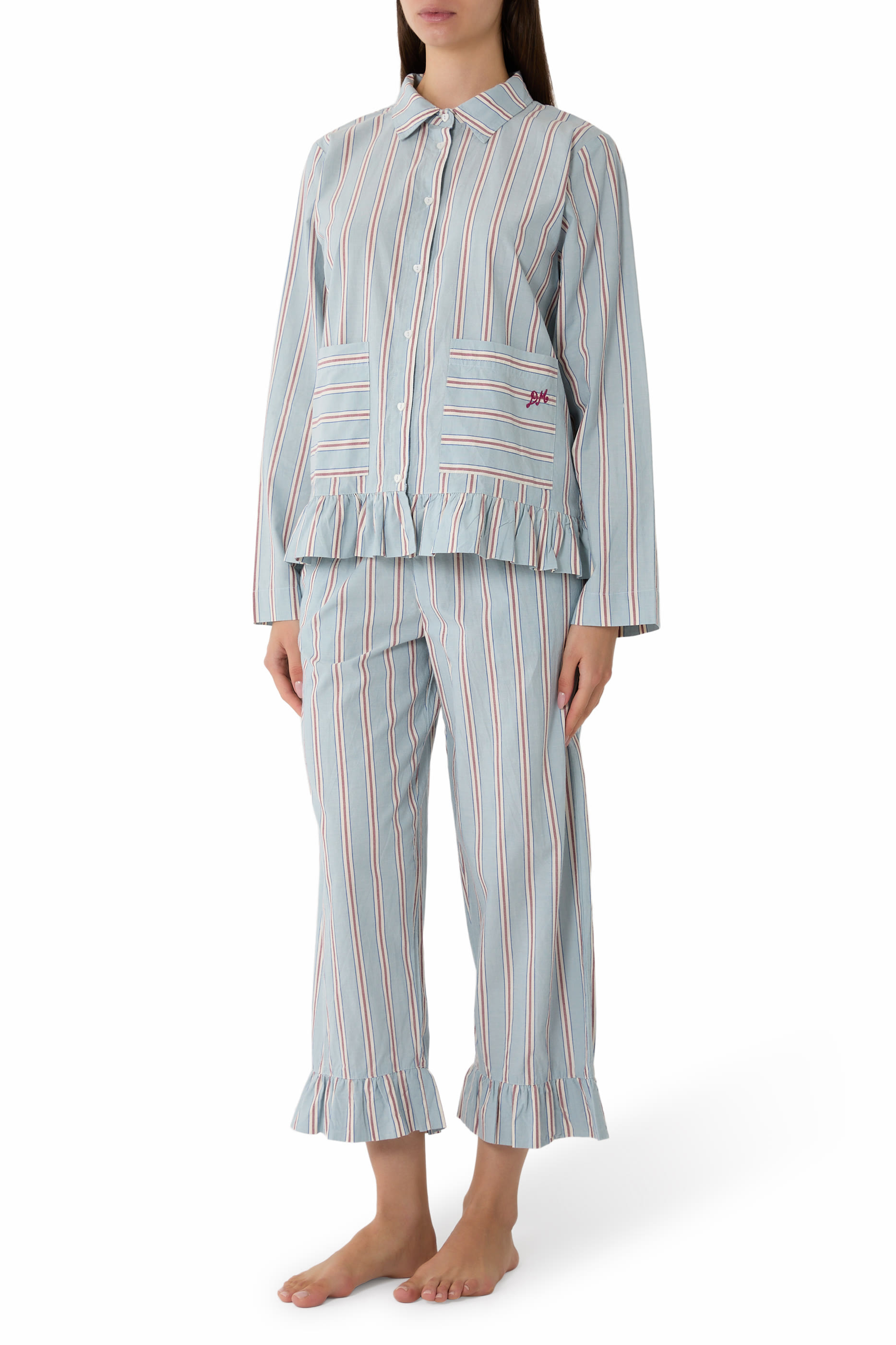  Frill Florie Striped Pajama Set 