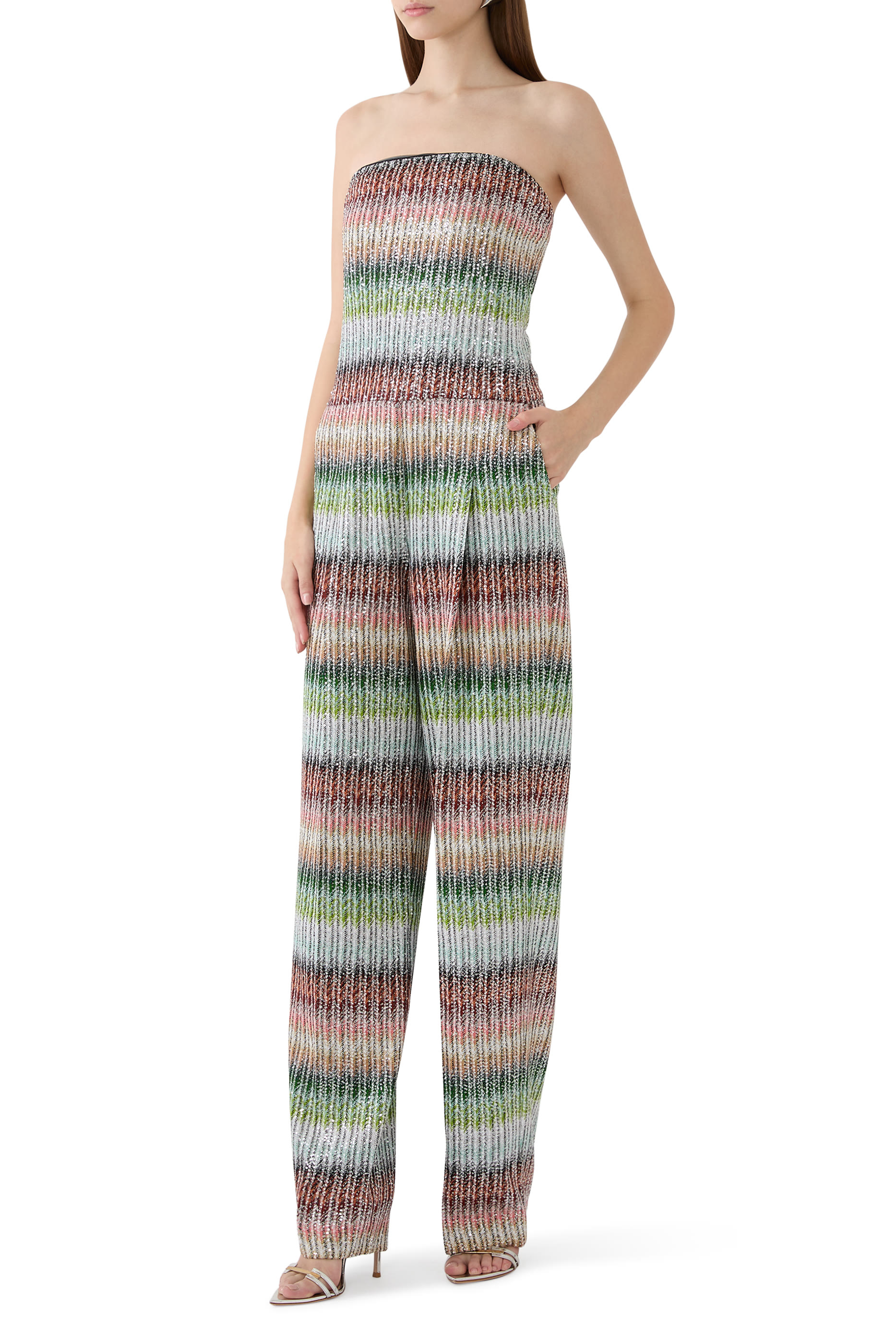 Long Bustier Jumpsuit in Gradient Zigzag Knit with Sequins