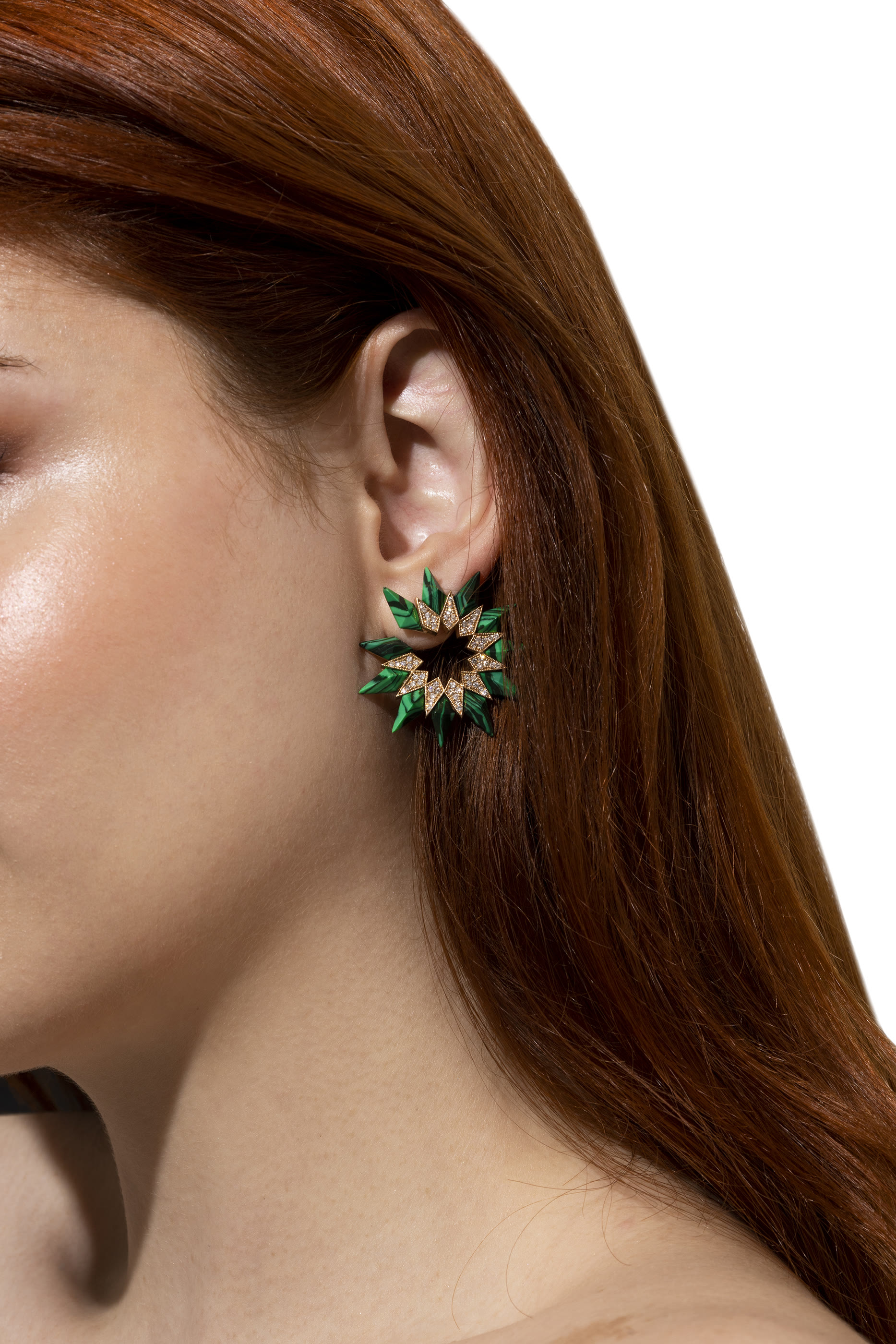 Nord Earrings, 18k Rose Gold with Malachite & Diamonds