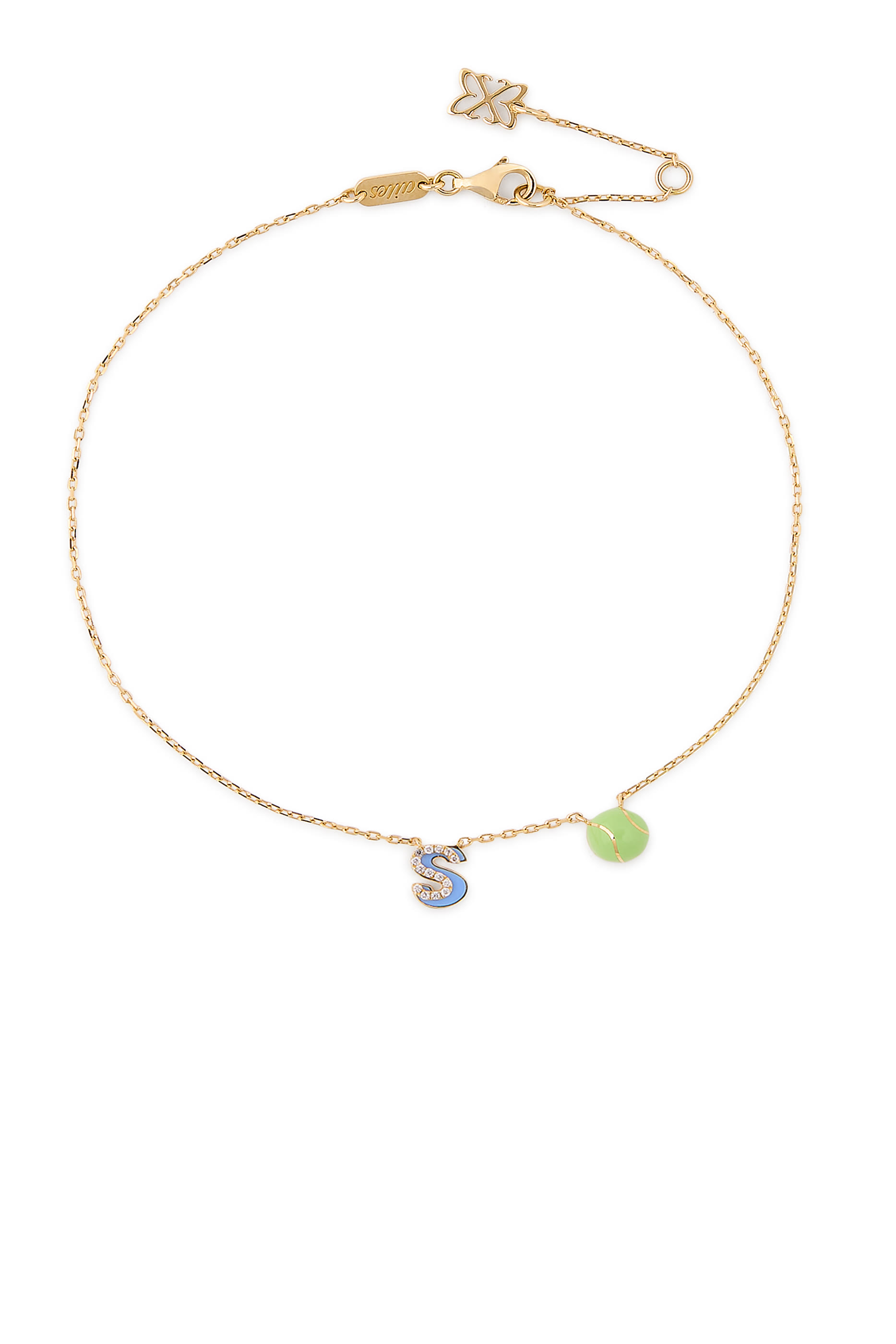 Letter &lsquo;S&rsquo; Tennis Anklet, 18k Yellow Gold & Enamel, Diamonds