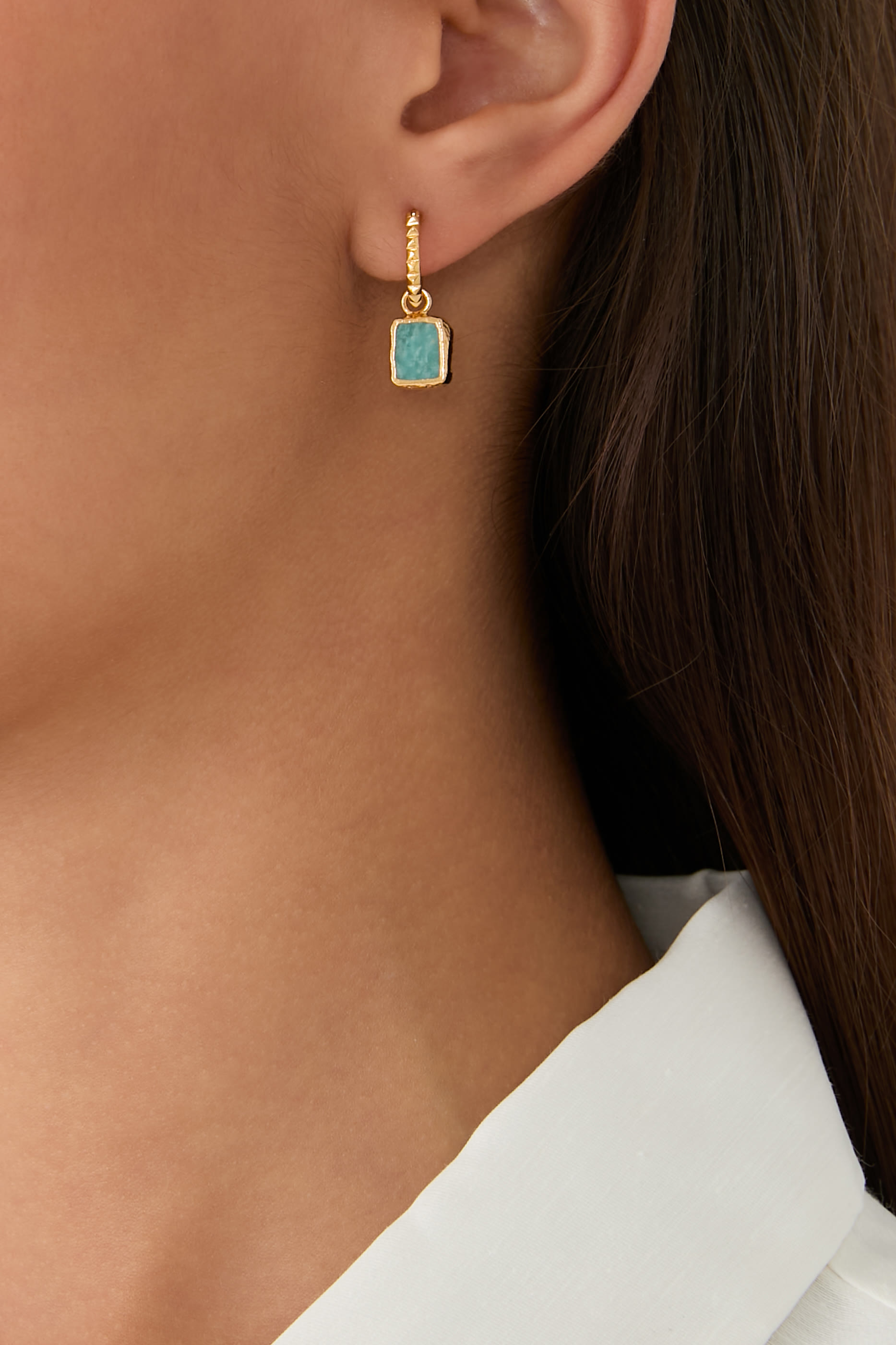 Mini Pyramid Hoop Earrings, 18k Gold-Plated Vermeil with Amazonite
