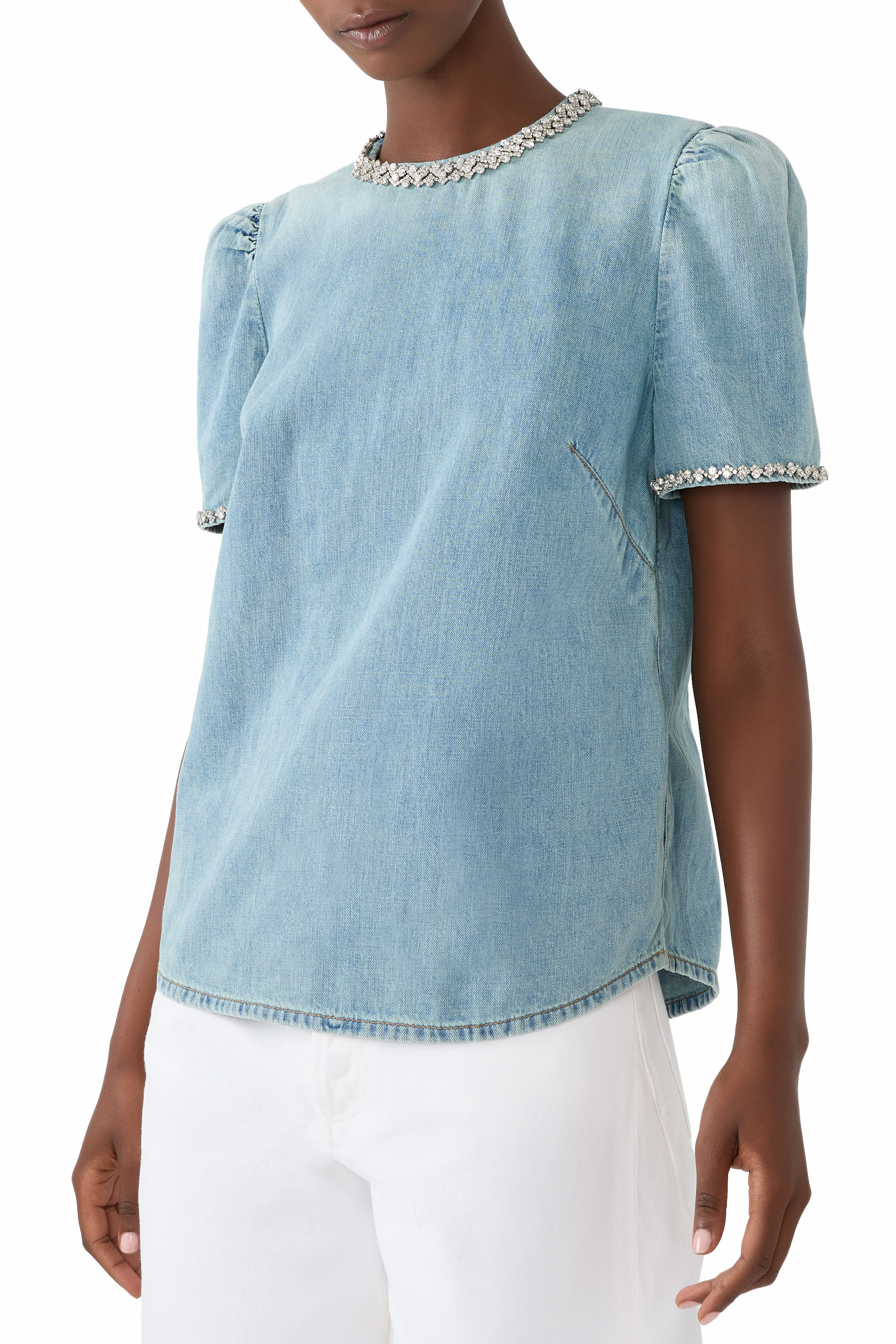 Crush Crystal-Embellished Gathered Denim Top
